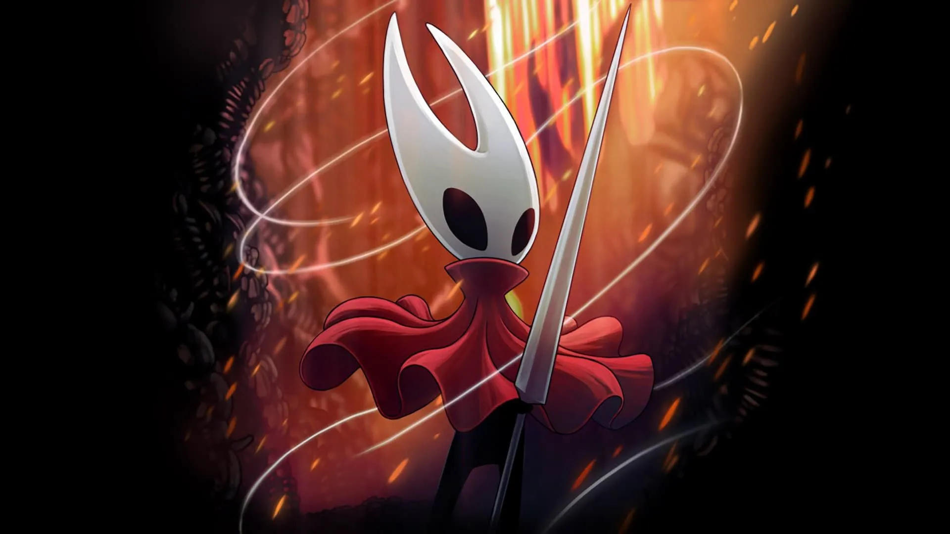 Nhân vật chính Hornet từ Hollow Knight Silksong chuẩn bị chiến đấu trong một khu rừng kỳ ảo, với những sợi tơ bao phủ.