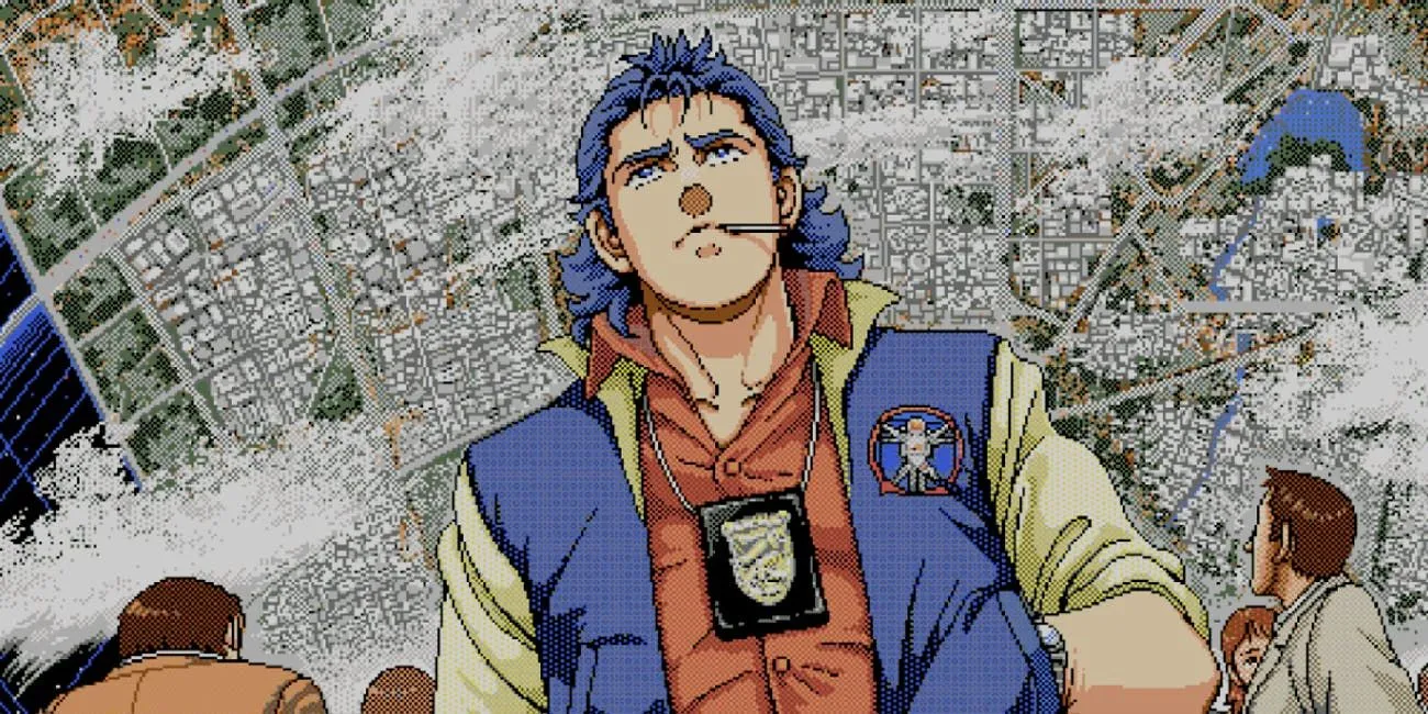 Nhân vật chính Jonathan Ingram của Policenauts với bản đồ thuộc địa không gian đằng sau