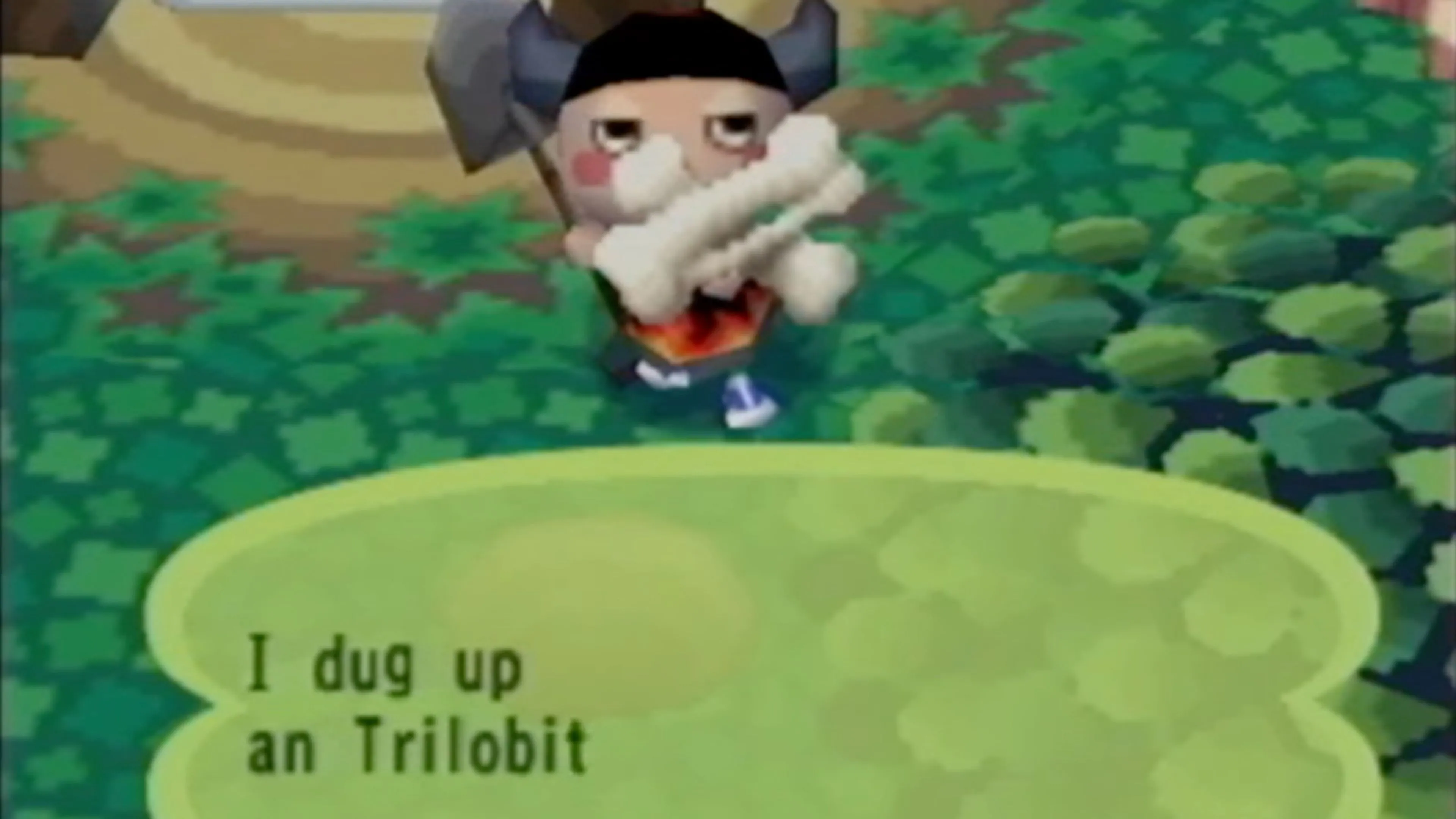 Nhân vật đang đào Trilobit trong thế giới game Animal Crossing