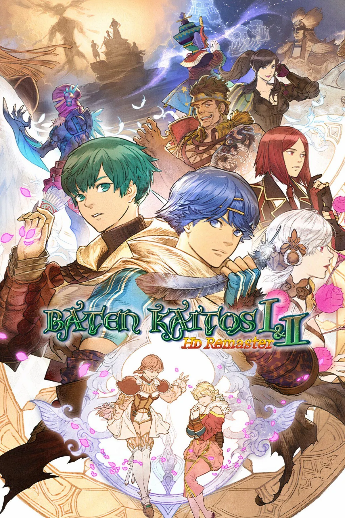 Nhân vật game Baten Kaitos đứng trên một hòn đảo bay, bầu trời xanh ngắt và các khối đất đá lơ lửng khác.