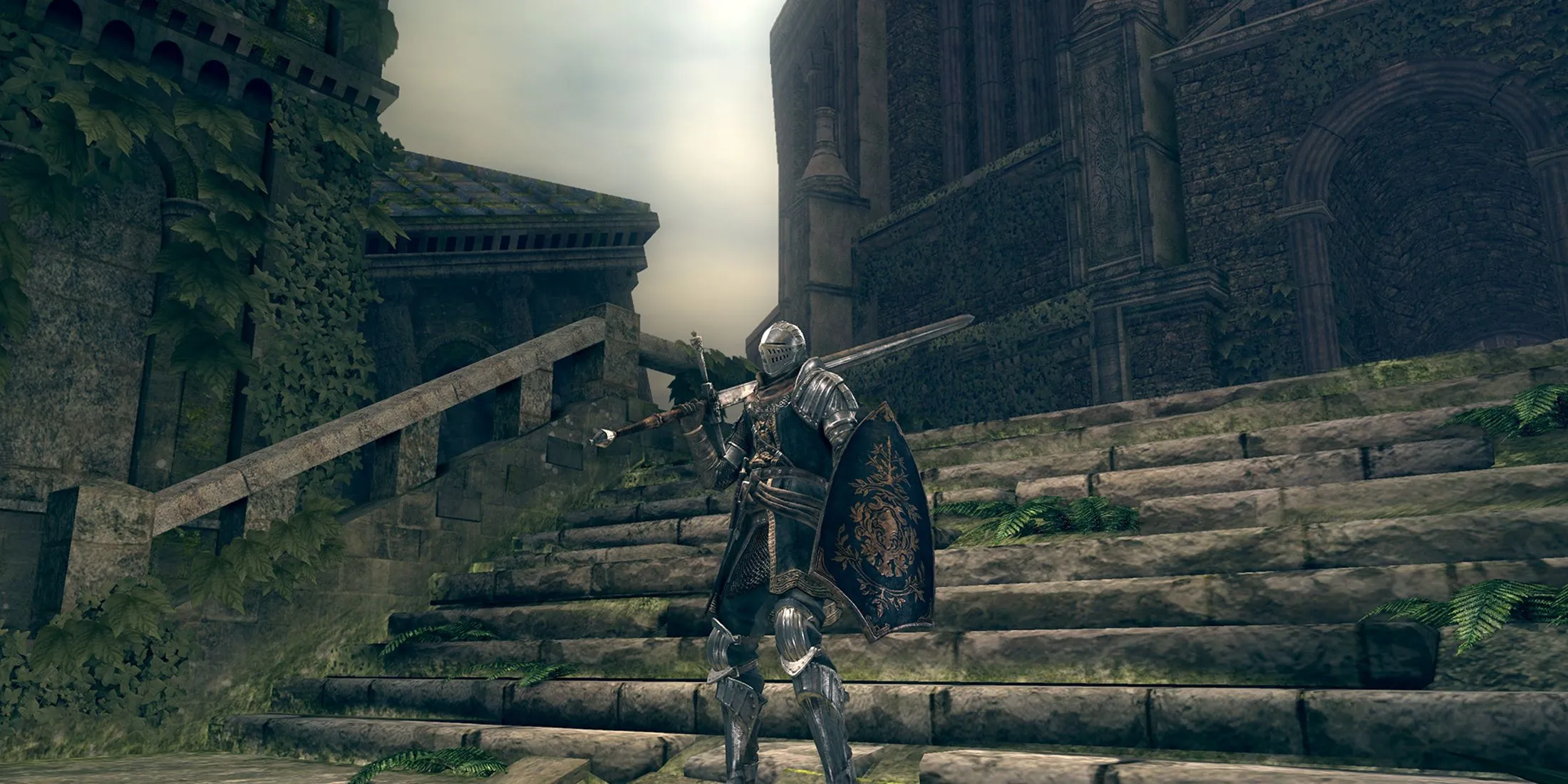 Nhân vật khám phá kiến trúc tăm tối trong thế giới Dark Souls.