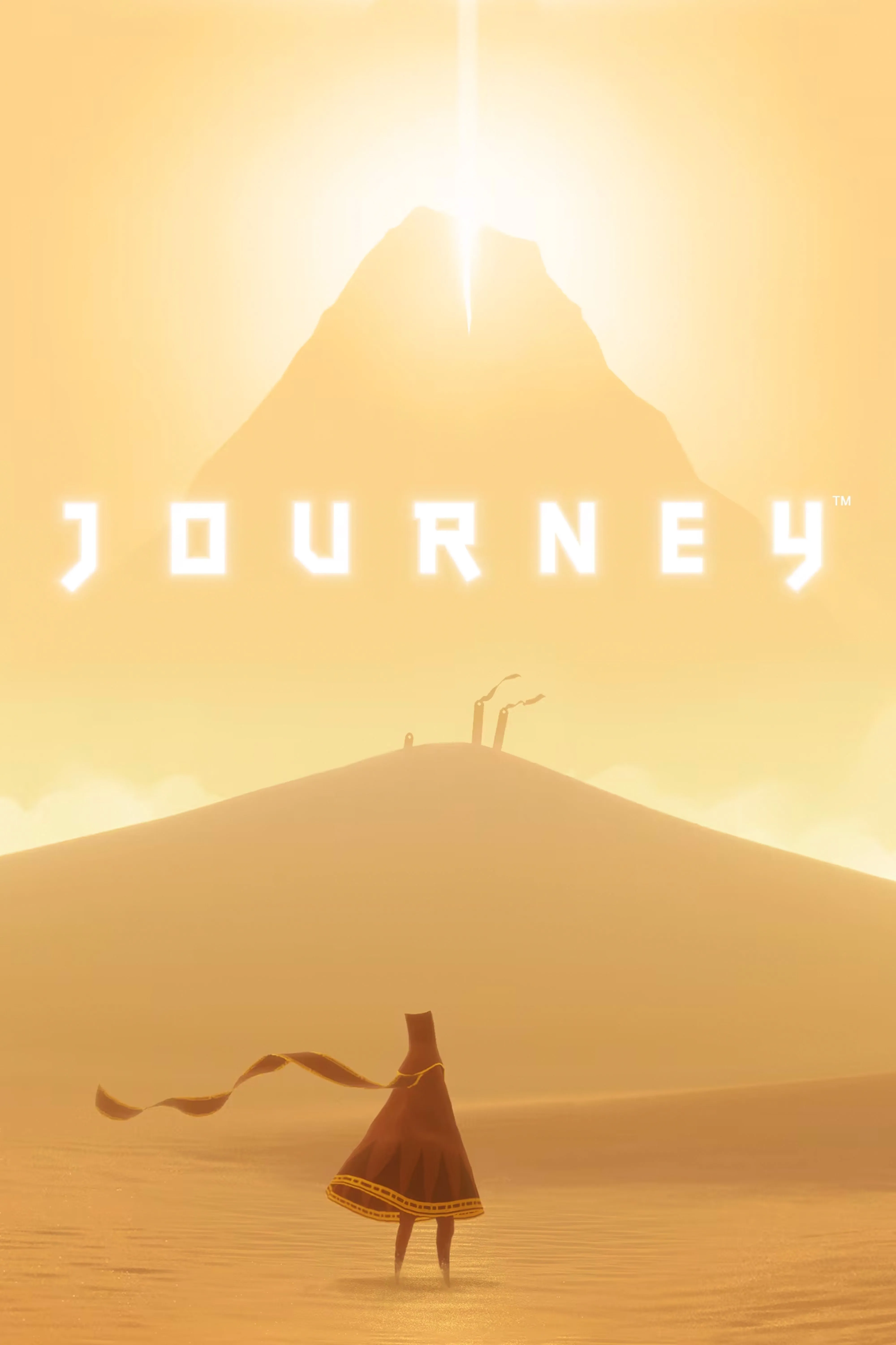 Nhân vật khăn choàng đỏ đơn độc trong sa mạc rộng lớn của game Journey, hướng về ngọn núi bí ẩn