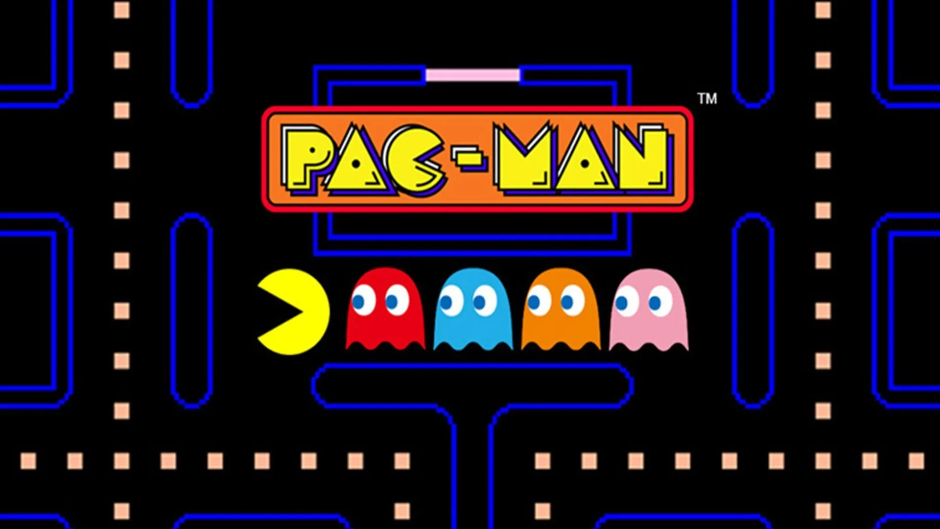 Nhân vật Pac-Man màu vàng đặc trưng, đang ăn những viên power pellet, hình ảnh biểu tượng của game arcade thập niên 80.