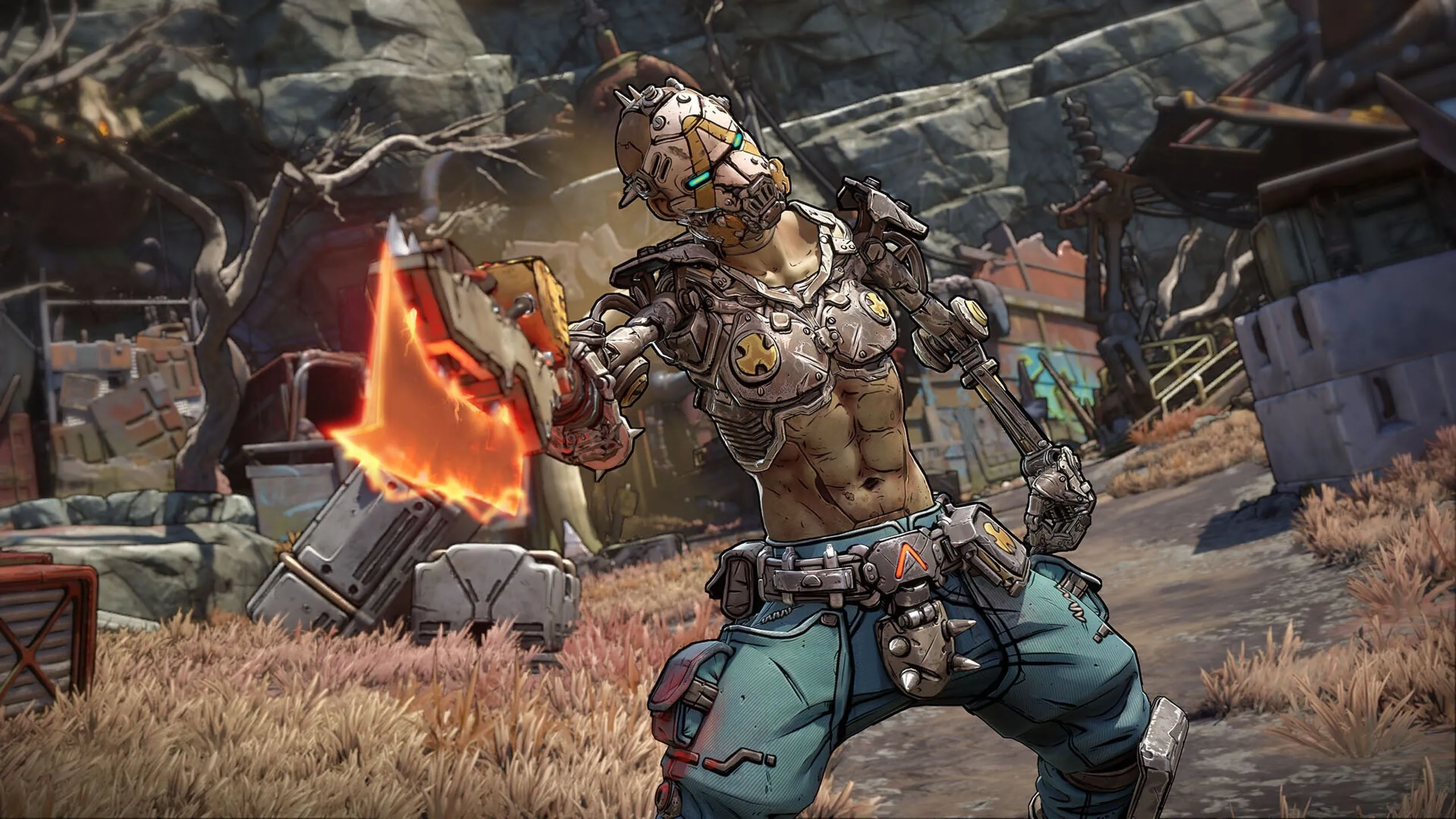 Nhân vật Psycho trong Borderlands 4 cầm kiếm lửa chuẩn bị chiến đấu, minh họa lối chơi hành động cường độ cao của game.