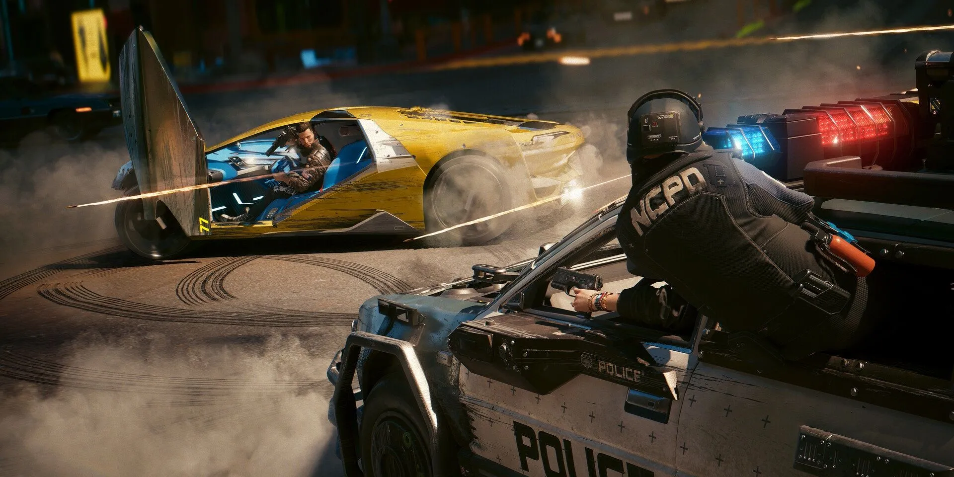 Nhân vật trong Cyberpunk 2077 đang đi trên đường phố Neo-futuristic vào ban đêm