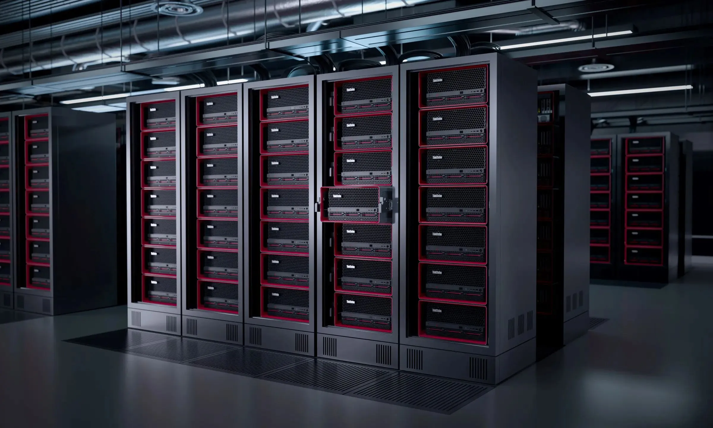 Nhiều tủ rack máy chủ chứa các máy trạm Lenovo ThinkStation PX trong trung tâm dữ liệu, đại diện cho cơ sở hạ tầng máy chủ DNS cốt lõi của Internet.