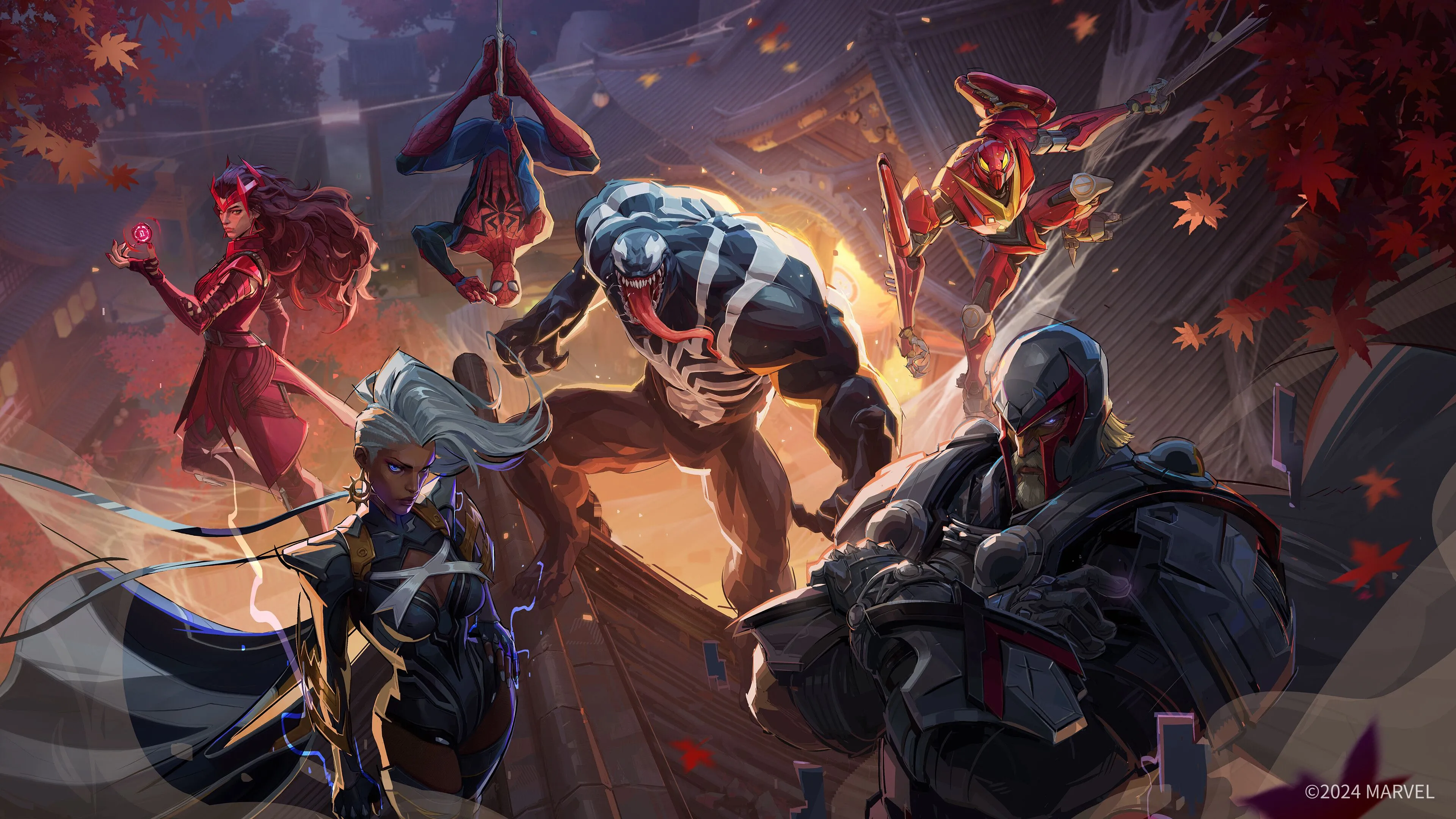 Nhóm anh hùng Marvel Rivals bao gồm Magik, Scarlet Witch và Luna Snow, sẵn sàng giao chiến trong một bản đồ thành phố chi tiết, minh họa thiết kế nhân vật ấn tượng của NetEase Games.