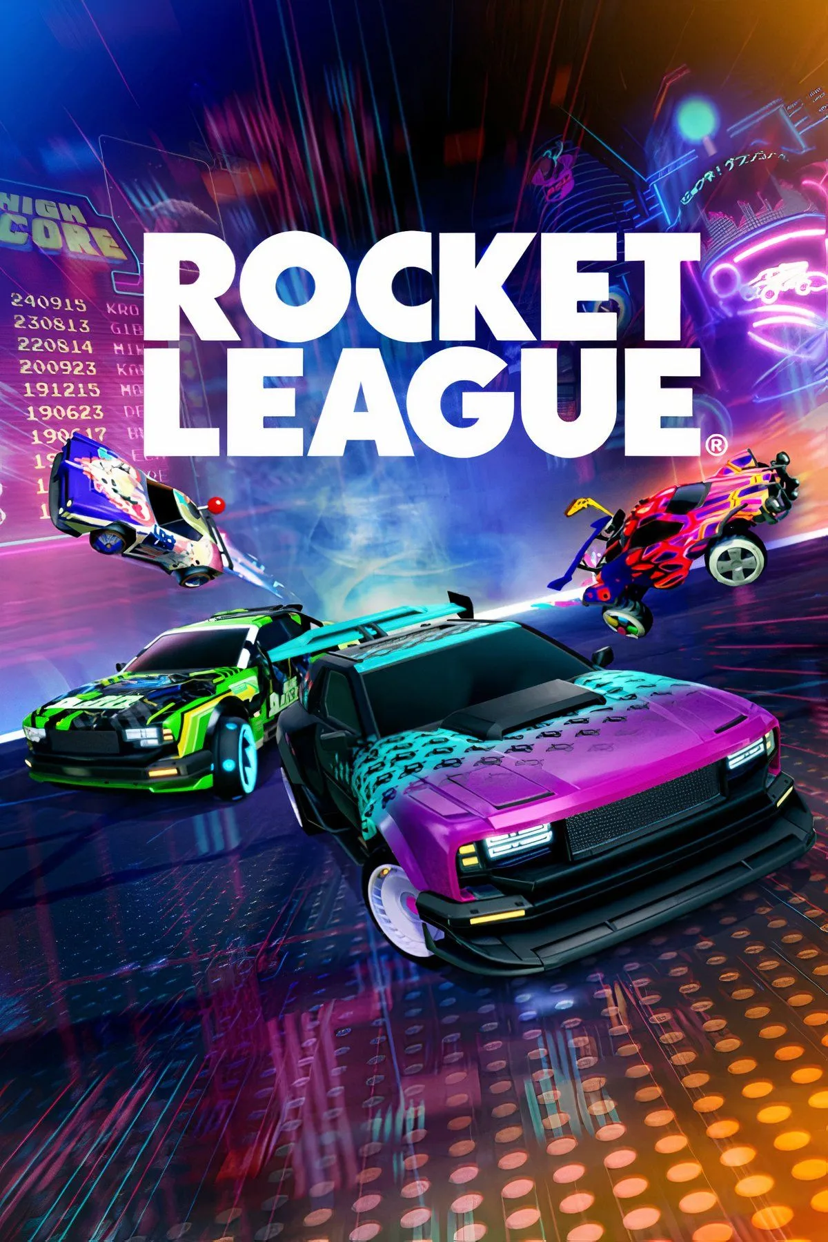 Những chiếc xe được trang bị tên lửa đang tranh bóng trong trận đấu đầy kịch tính của Rocket League, kết hợp bóng đá và đua xe