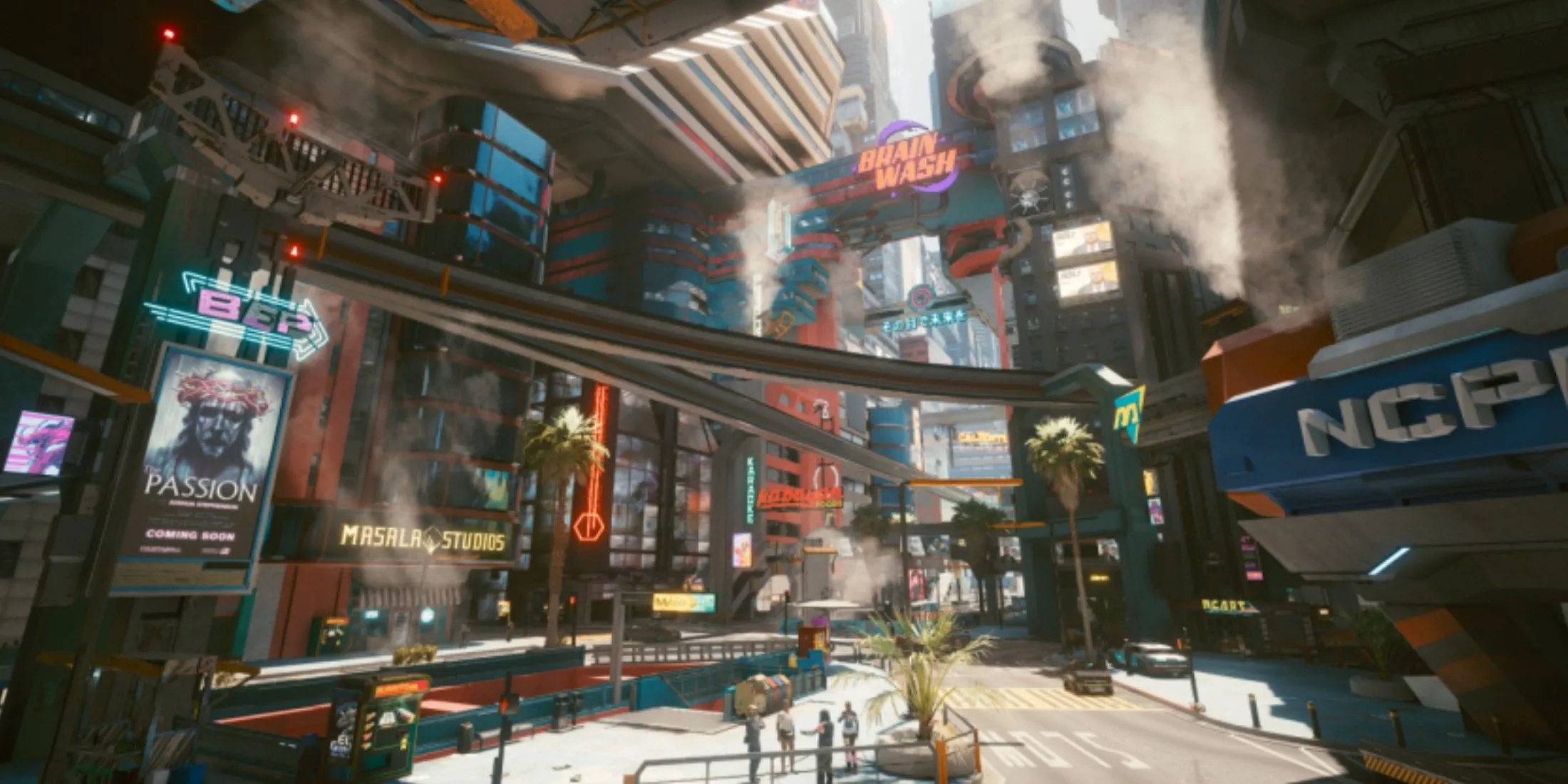 Những con phố của Night City với ánh đèn neon rực rỡ và xe cảnh sát NCPD trong Cyberpunk 2077