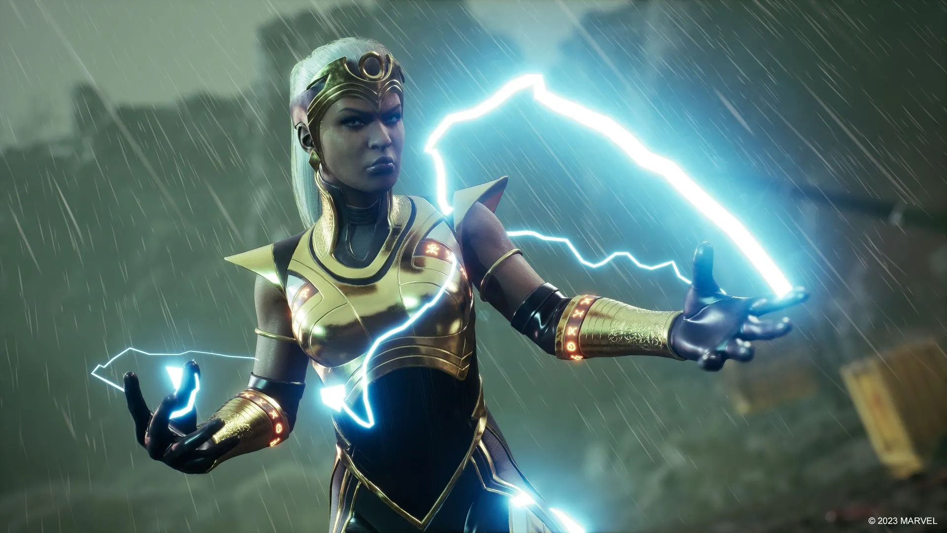 Nữ anh hùng Storm sử dụng năng lực đột biến trong tựa game chiến thuật Marvel's Midnight Suns với trang phục đặc trưng.