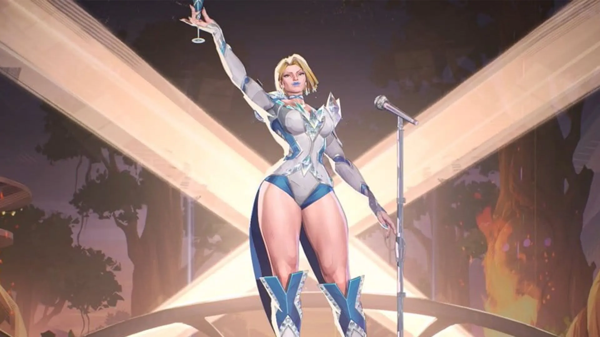Nữ hoàng Trắng Emma Frost với trang phục nổi bật trong game Marvel Rivals, thể hiện khả năng tùy biến và đa dạng skin mà người chơi có thể sở hữu ngay từ đầu khi chơi miễn phí.