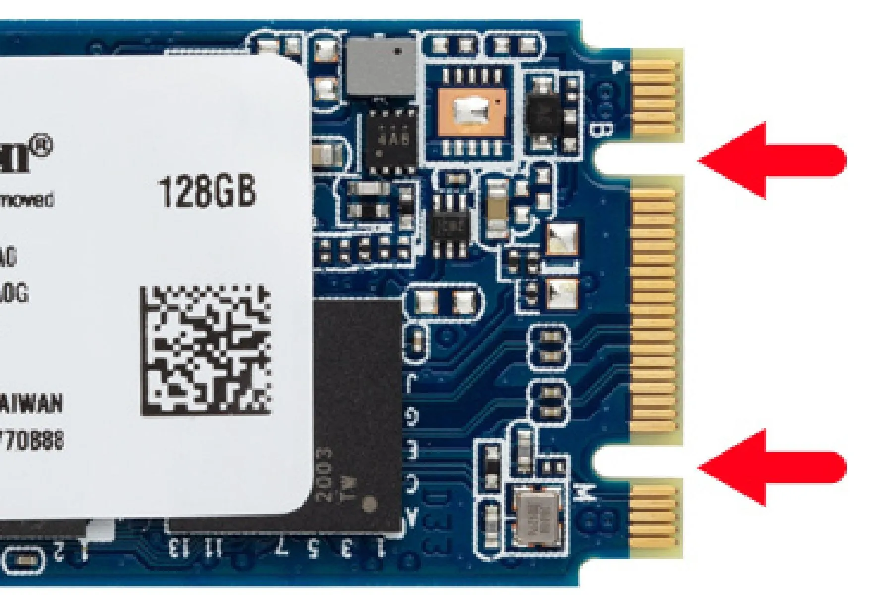 Ổ SSD M.2 SATA minh họa chân cắm B-keying hoặc B+M keying trên một bo mạch chủ, cho thấy sự khác biệt của chân cắm M.2.