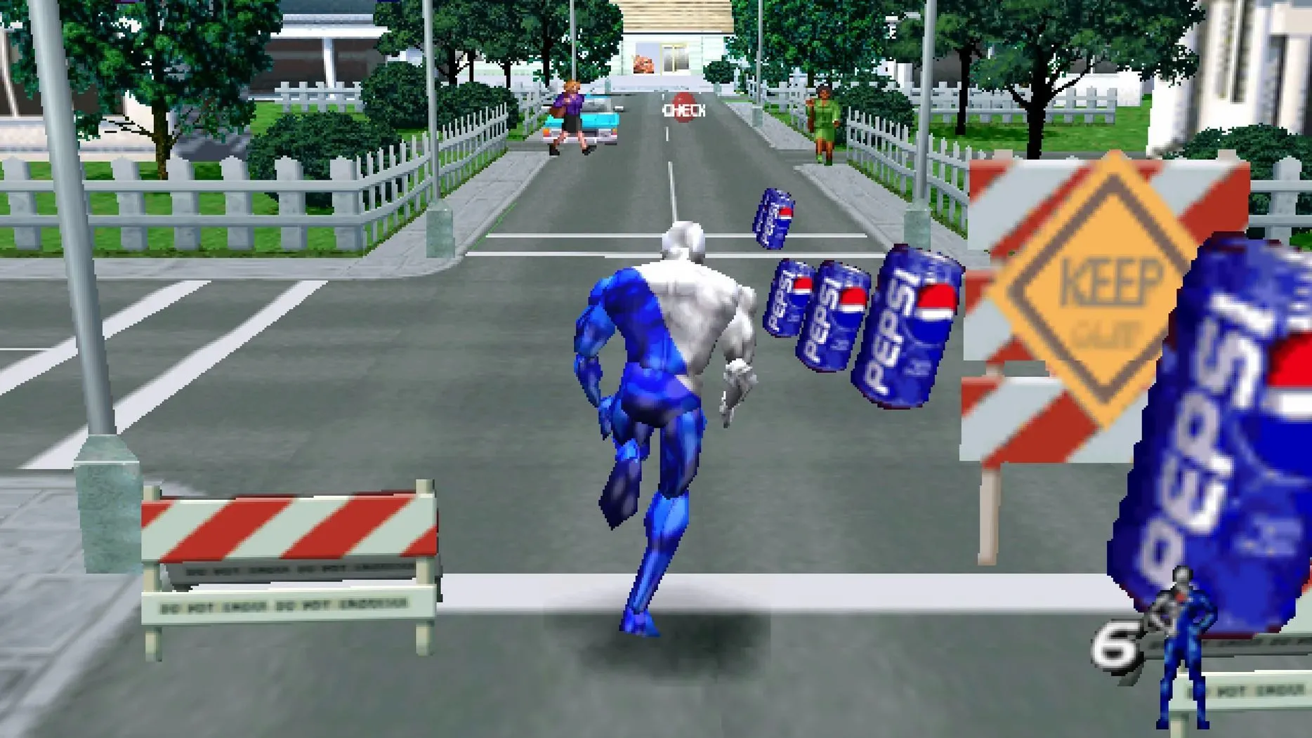Pepsiman đang chạy trên đường phố, thu thập lon Pepsi và tránh chướng ngại vật trong gameplay