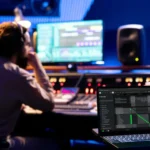 Phòng thu âm hiện đại với phần mềm Dante AV trên màn hình laptop, minh họa ứng dụng Audio over IP (AoIP) trong sản xuất âm thanh chuyên nghiệp.