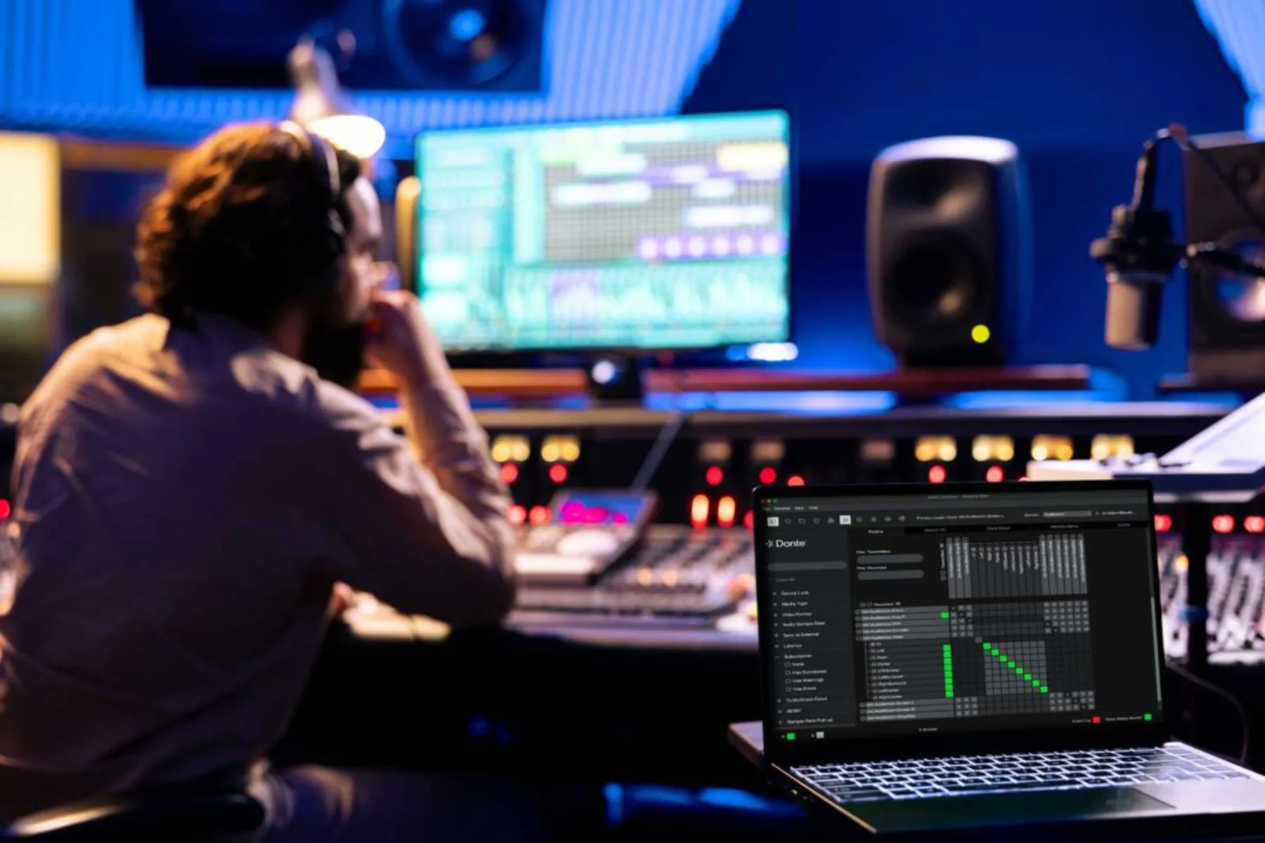 Phòng thu âm hiện đại với phần mềm Dante AV trên màn hình laptop, minh họa ứng dụng Audio over IP (AoIP) trong sản xuất âm thanh chuyên nghiệp.