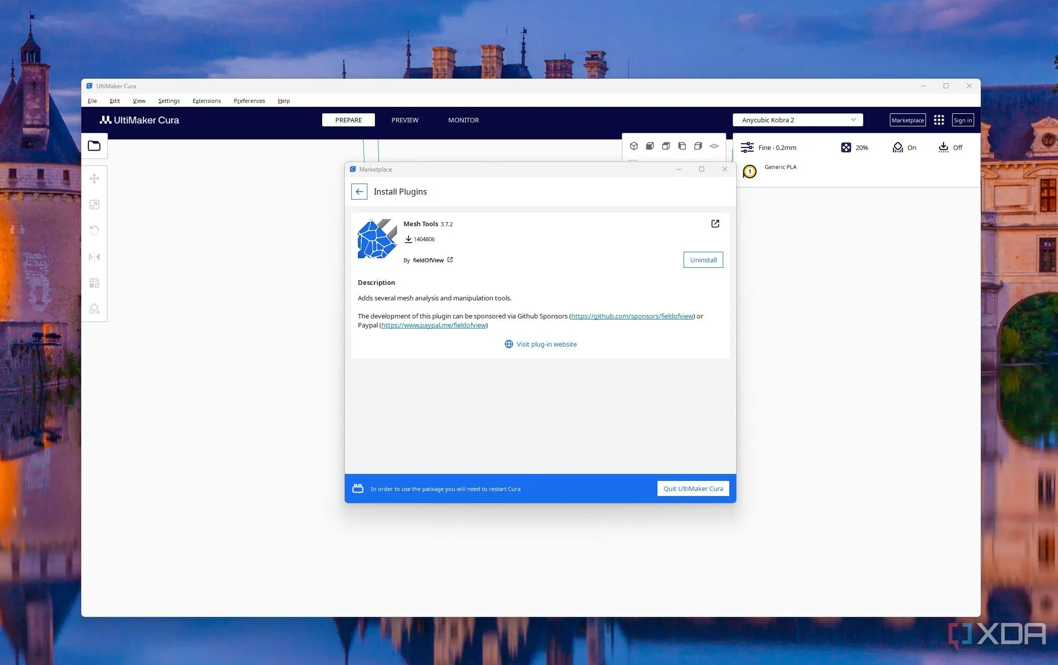 Plugin Mesh Tools hiển thị các tùy chọn kiểm tra và sửa lỗi mô hình 3D trong phần mềm Cura