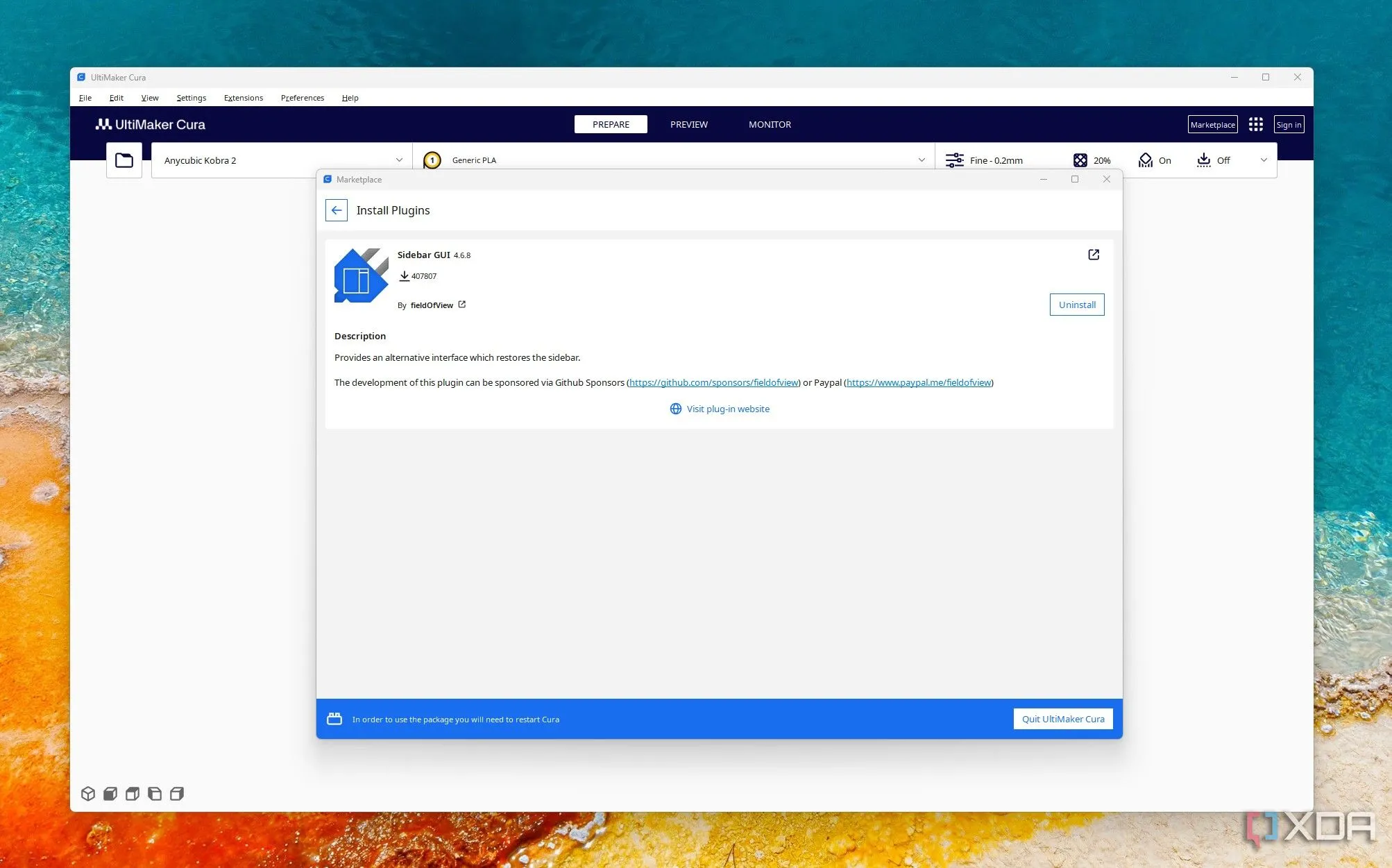 Plugin Sidebar GUI được cài đặt và hiển thị thanh công cụ tiện lợi trong phần mềm Cura