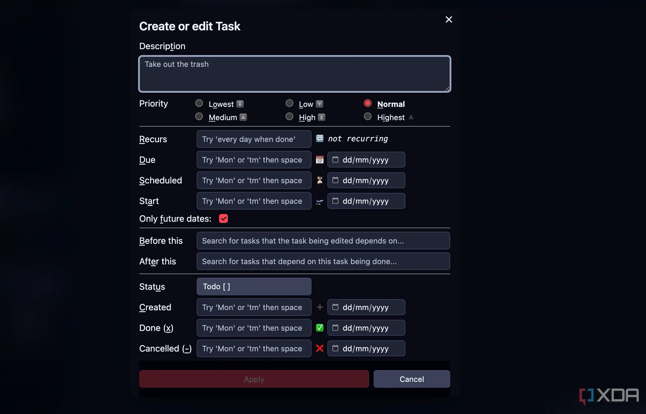 Plugin Tasks trong Obsidian hiển thị danh sách công việc với ngày đến hạn và ưu tiên