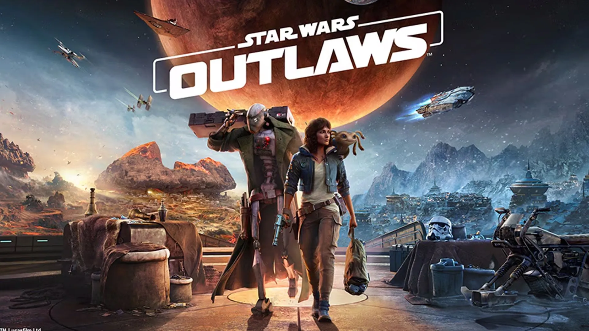 Poster chính game Star Wars Outlaws Kay Vess và Nyx trong bối cảnh thế giới ngầm đầy kịch tính, được giảm giá sâu trên Prime Day 2025.