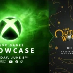 Poster công bố Xbox Games Showcase 2025 kèm theo logo The Outer Worlds 2 Direct, với hiệu ứng không gian và các hành tinh.