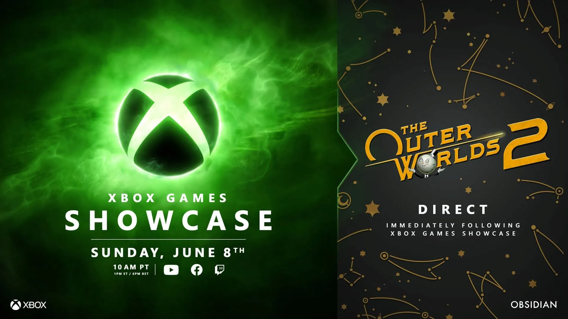 Poster công bố Xbox Games Showcase 2025 kèm theo logo The Outer Worlds 2 Direct, với hiệu ứng không gian và các hành tinh.