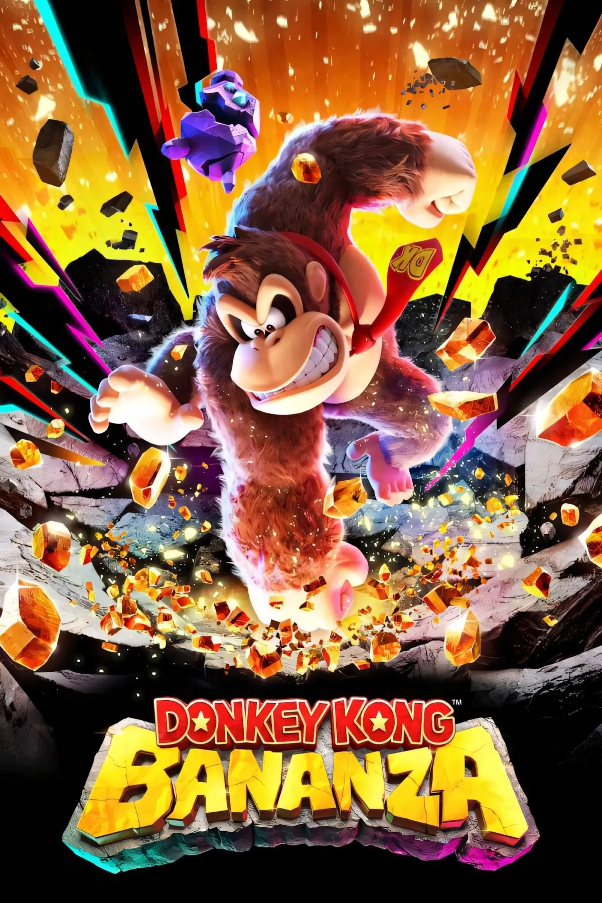 Poster game Donkey Kong Bananza với hình ảnh Donkey Kong mạnh mẽ và Pauline trên Nintendo Switch 2