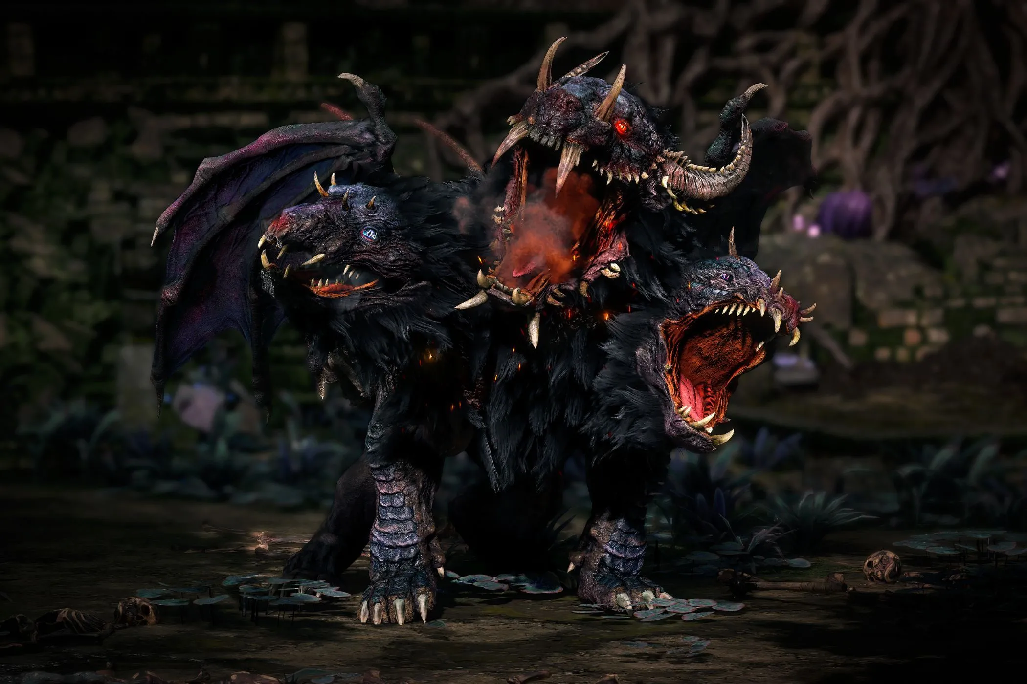 Quái vật chó ba đầu hung dữ gầm gừ trong Path of Exile 2