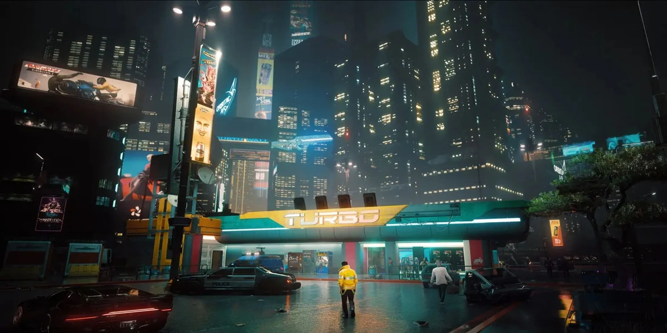 Quang cảnh Night City đầy màu sắc neon và kiến trúc tương lai trong Cyberpunk 2077