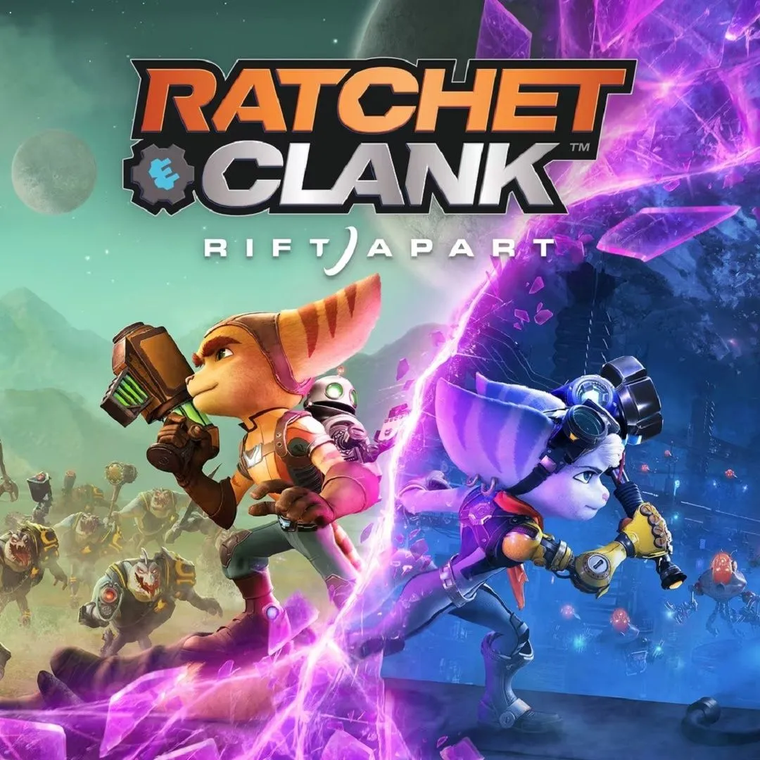 Ratchet và Clank đang chiến đấu trong môi trường đầy màu sắc với hiệu ứng tia lửa từ vũ khí
