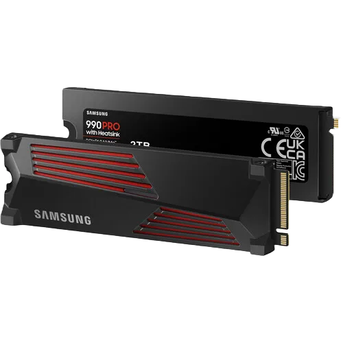 Render 3D của SSD Samsung 990 Pro 4TB với tản nhiệt tích hợp, hiển thị chi tiết thiết kế.