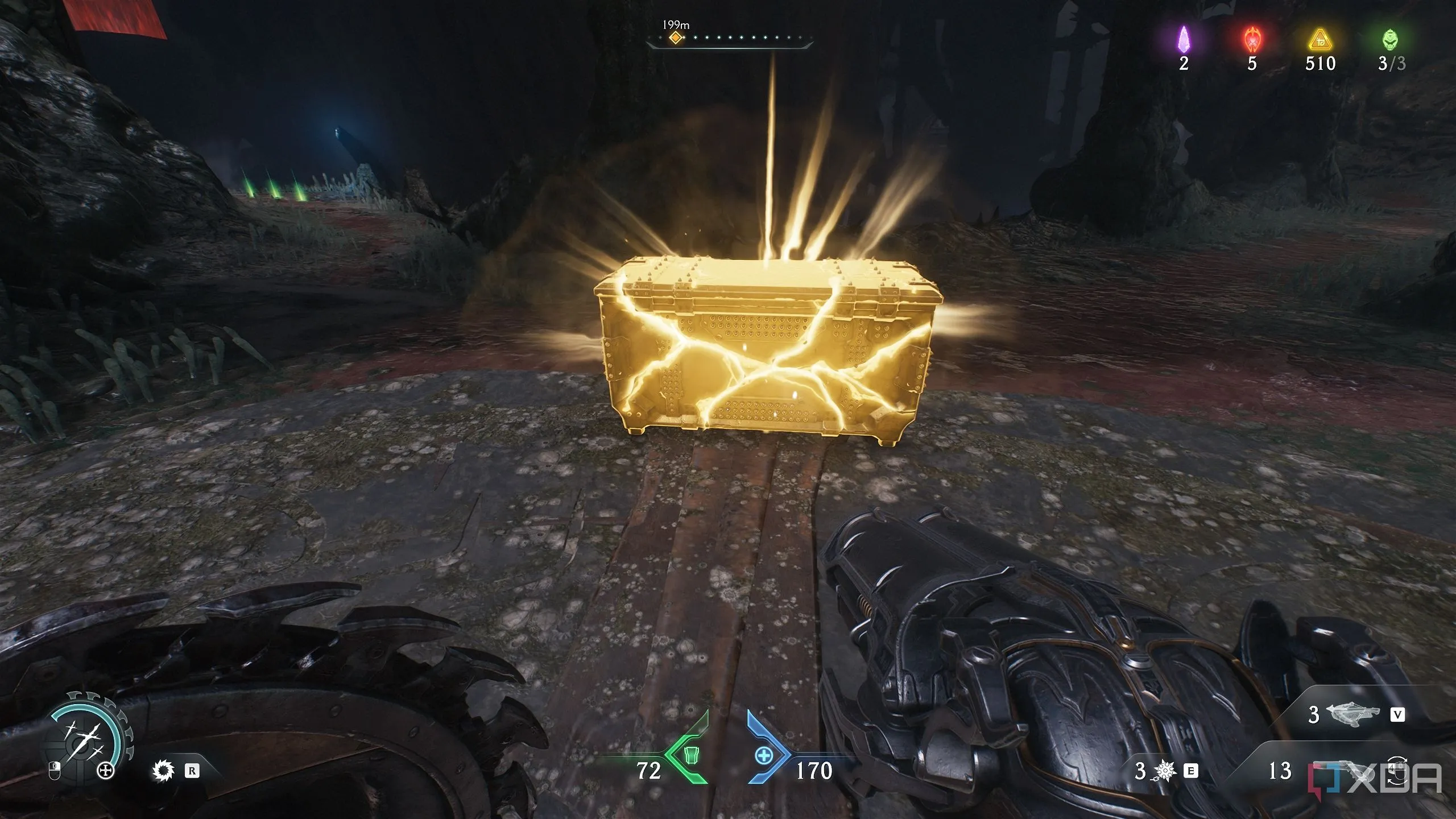 Rương vàng xuất hiện sau khi phá vỡ thanh chắn kim loại nóng trong Chương 14 Doom The Dark Ages.