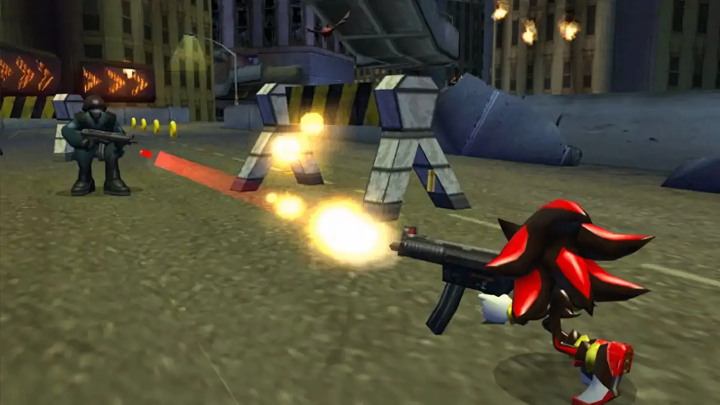 Shadow the Hedgehog với khẩu súng đặc trưng trong game, thể hiện phong cách tối tăm, gai góc