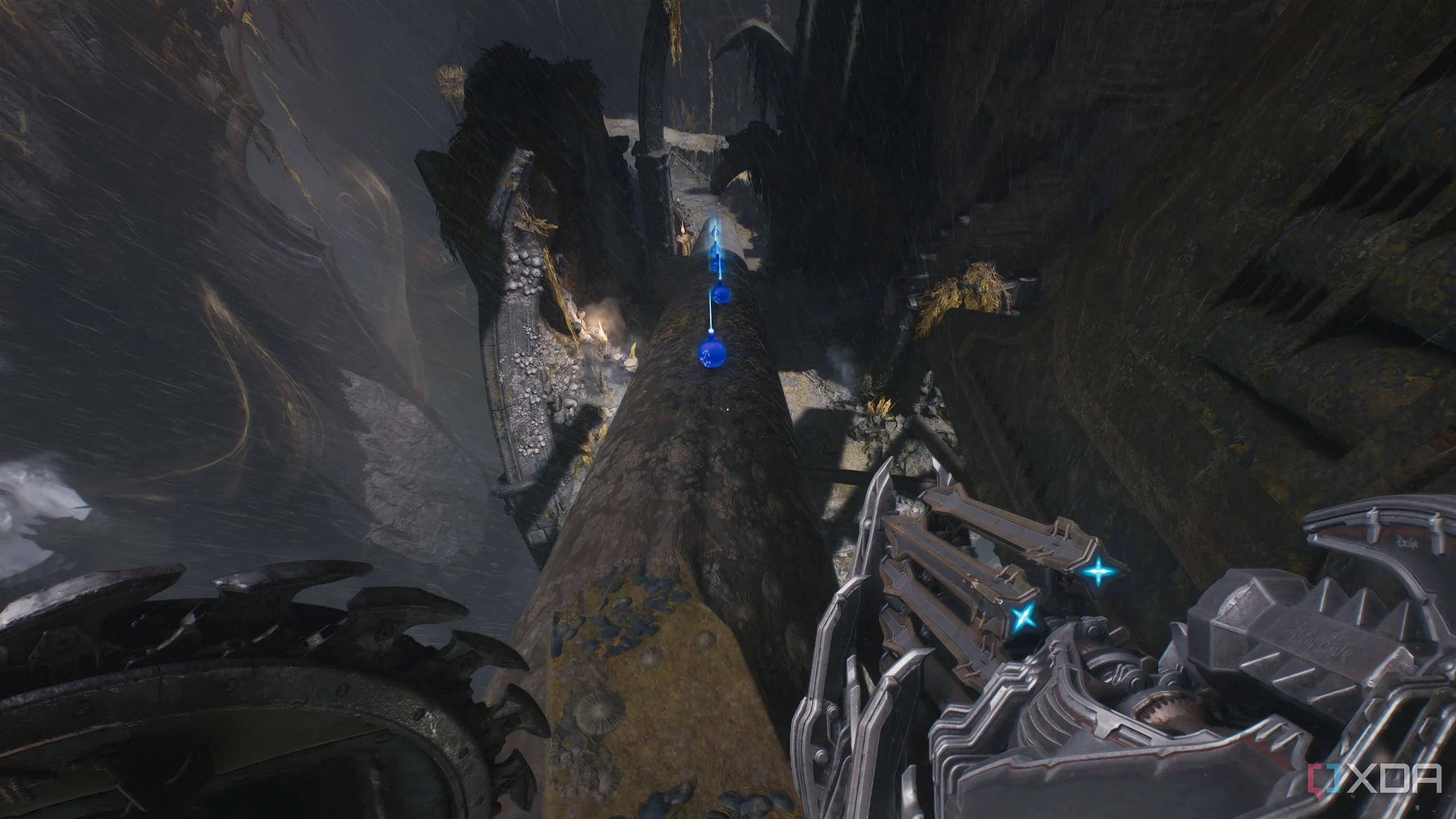 Slayer đi trên một khúc gỗ lớn trong Chương 14 Doom The Dark Ages.