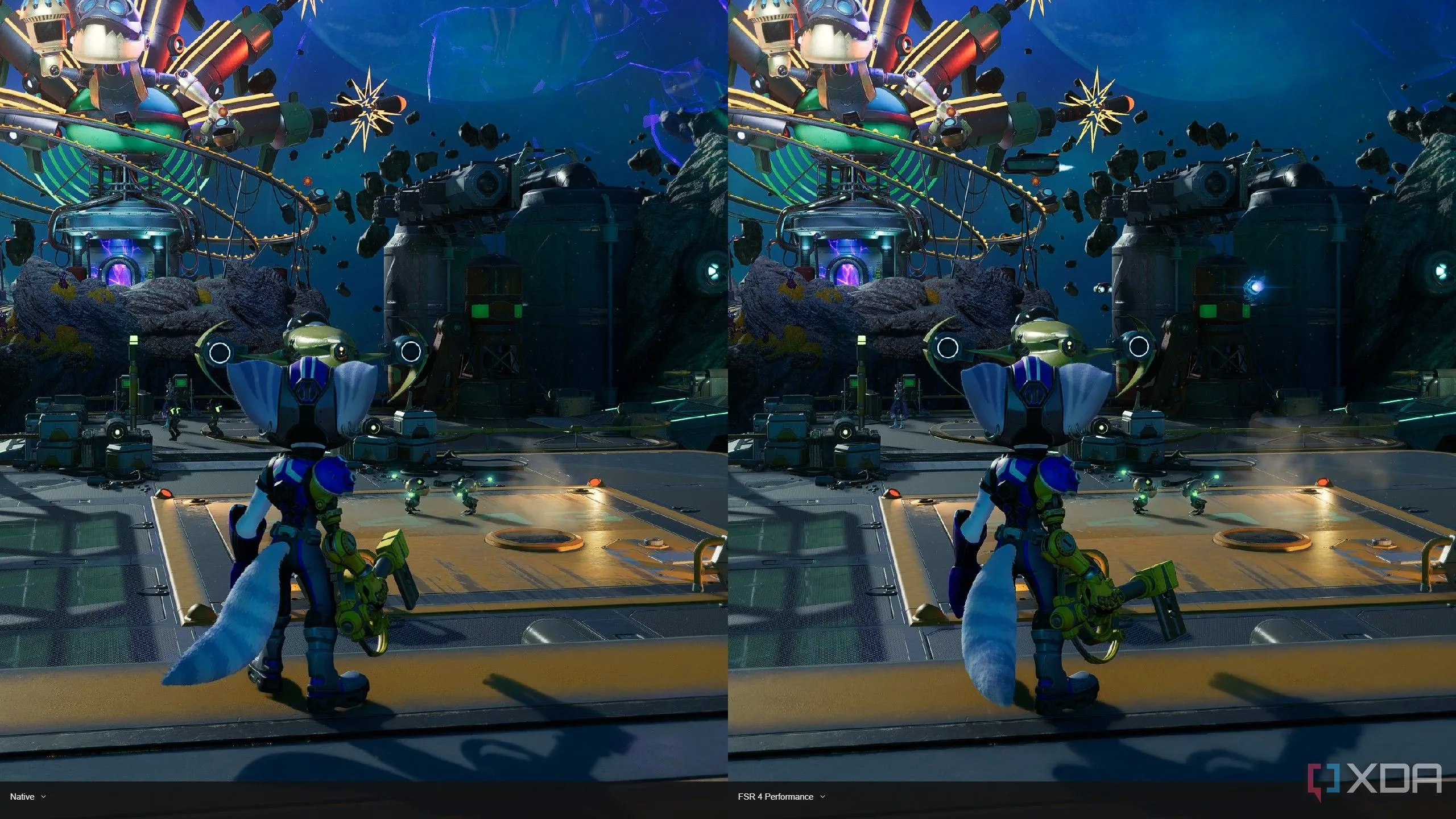 So sánh chất lượng hình ảnh game Ratchet and Clank: Rift Apart giữa độ phân giải Native và FSR 4 Performance trên GPU AMD RDNA 3.