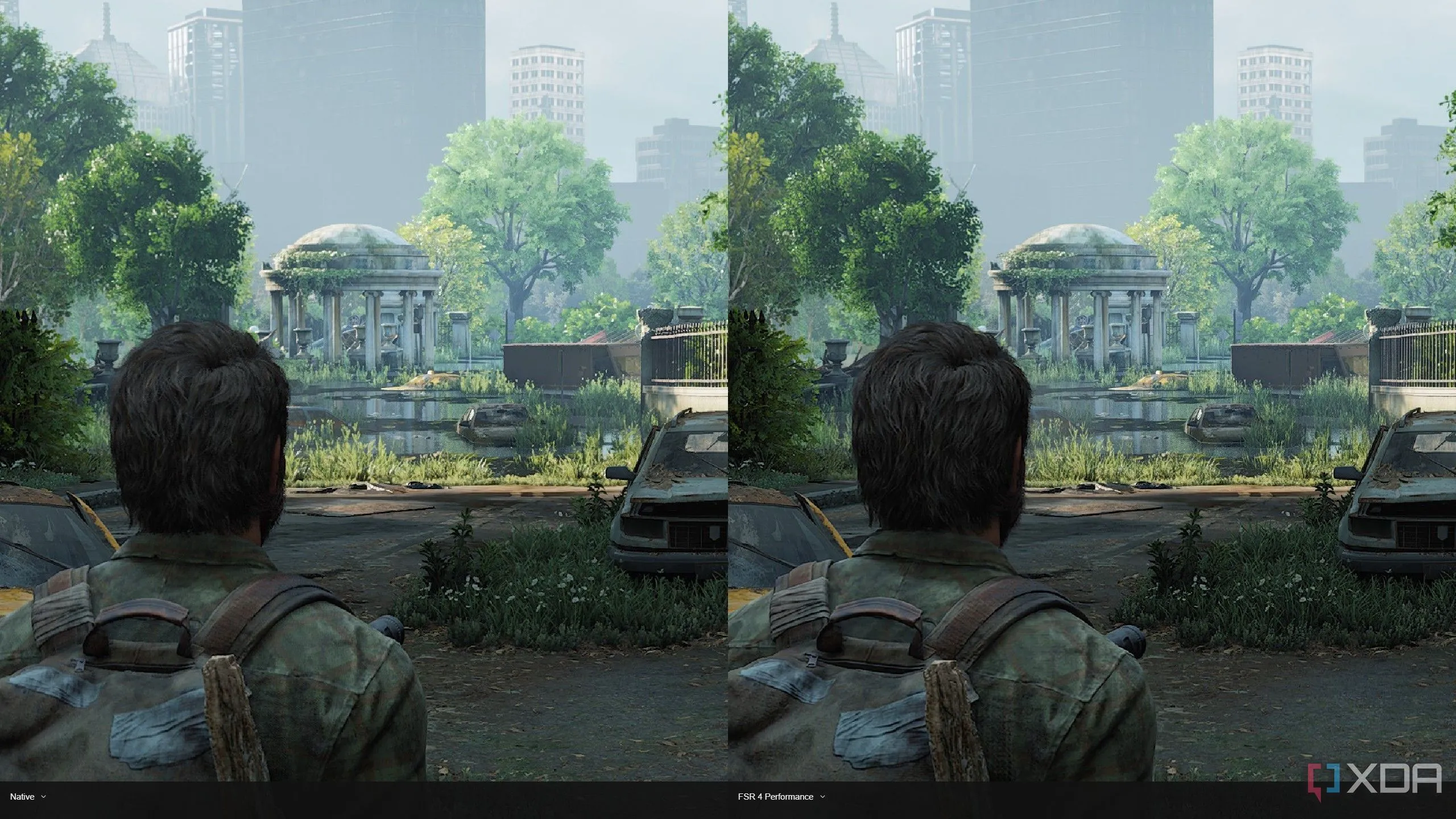 So sánh hình ảnh trong game The Last of Us Part One với FSR 4 và độ phân giải gốc, cho thấy chất lượng chi tiết tương đương.
