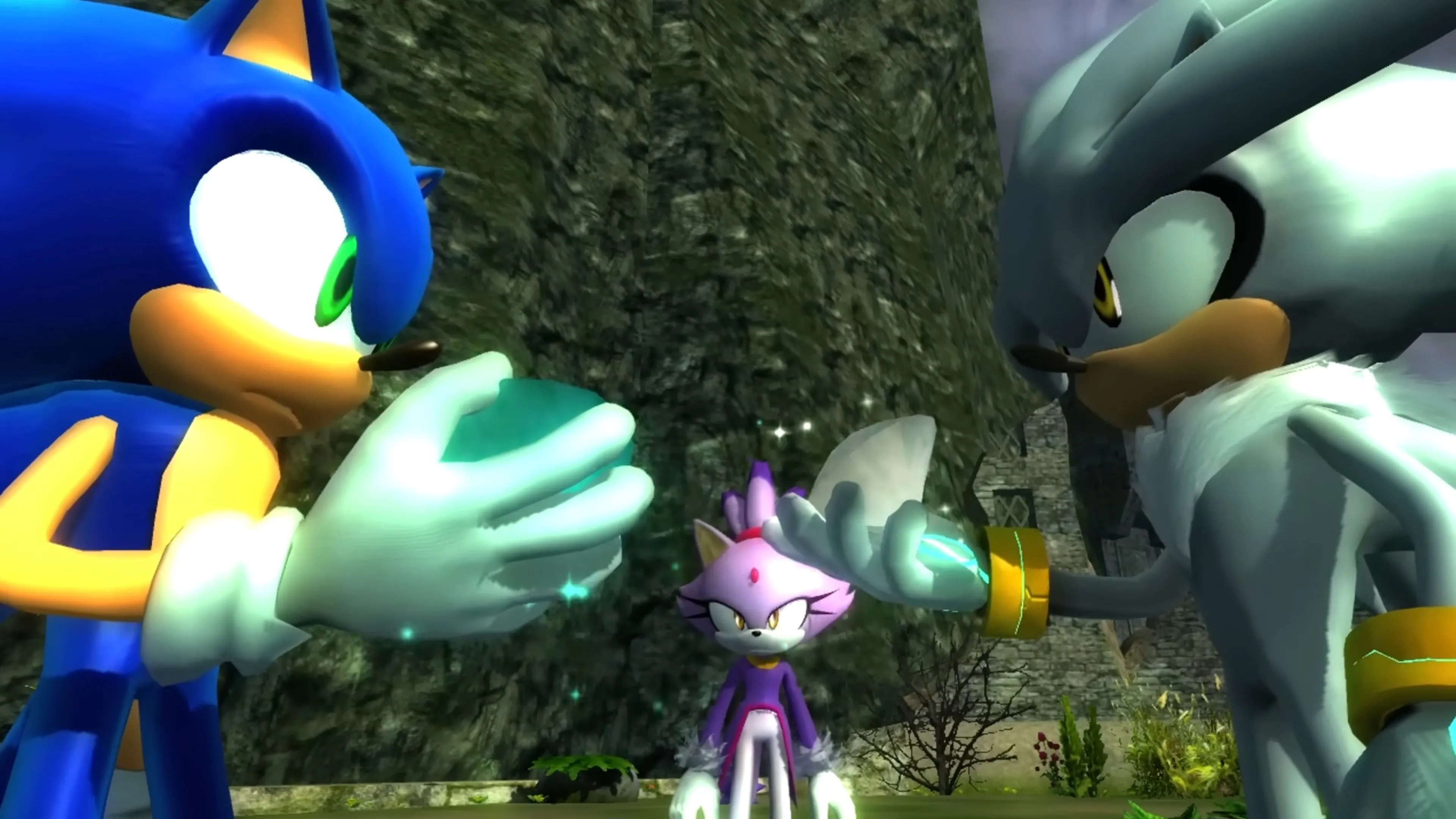Sonic và Silver đối đầu trong game Sonic the Hedgehog (2006), thể hiện các nhân vật chính của game