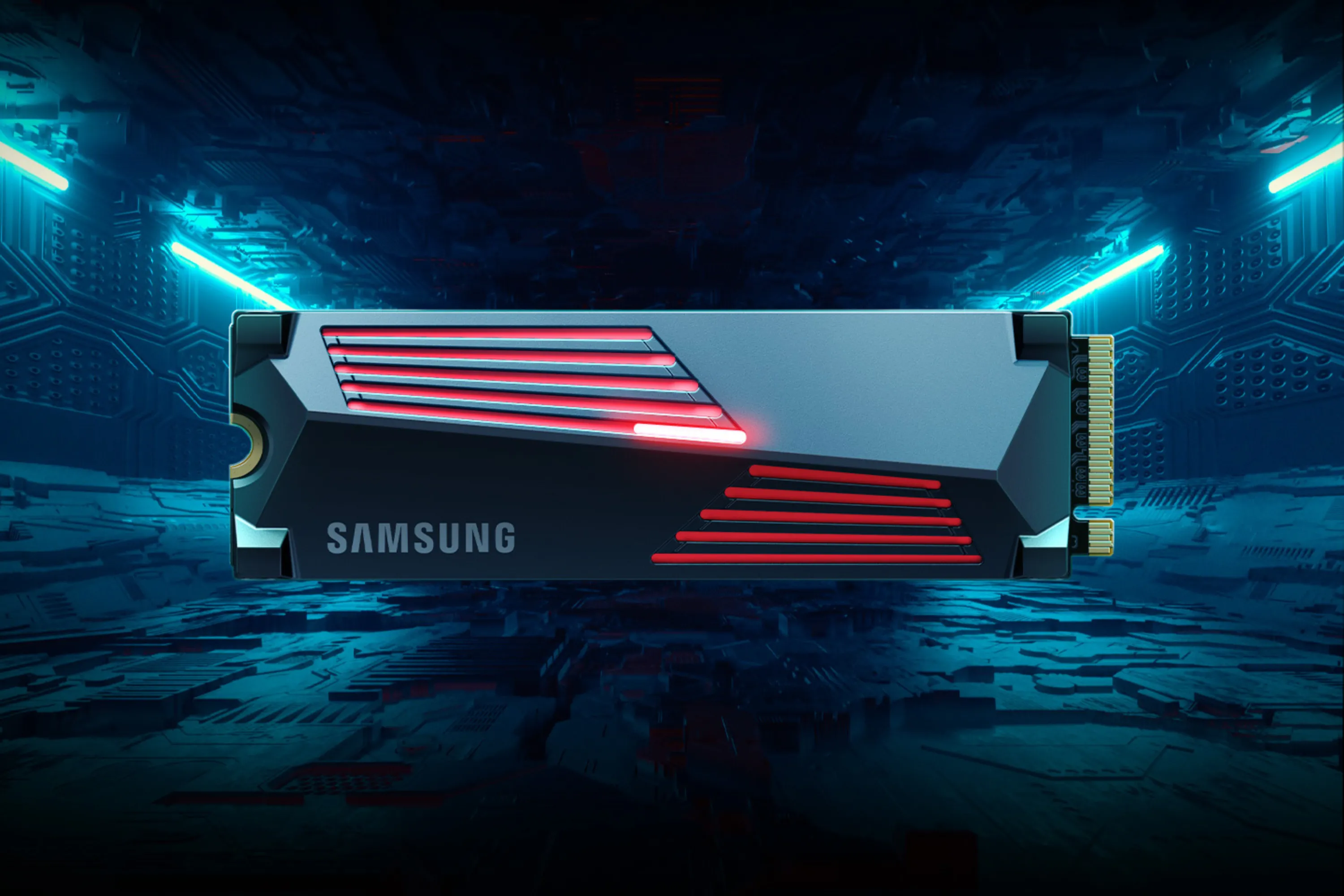 SSD Samsung 990 Pro kèm tản nhiệt hoạt động với ánh sáng xanh, thể hiện hiệu suất và công nghệ tiên tiến.