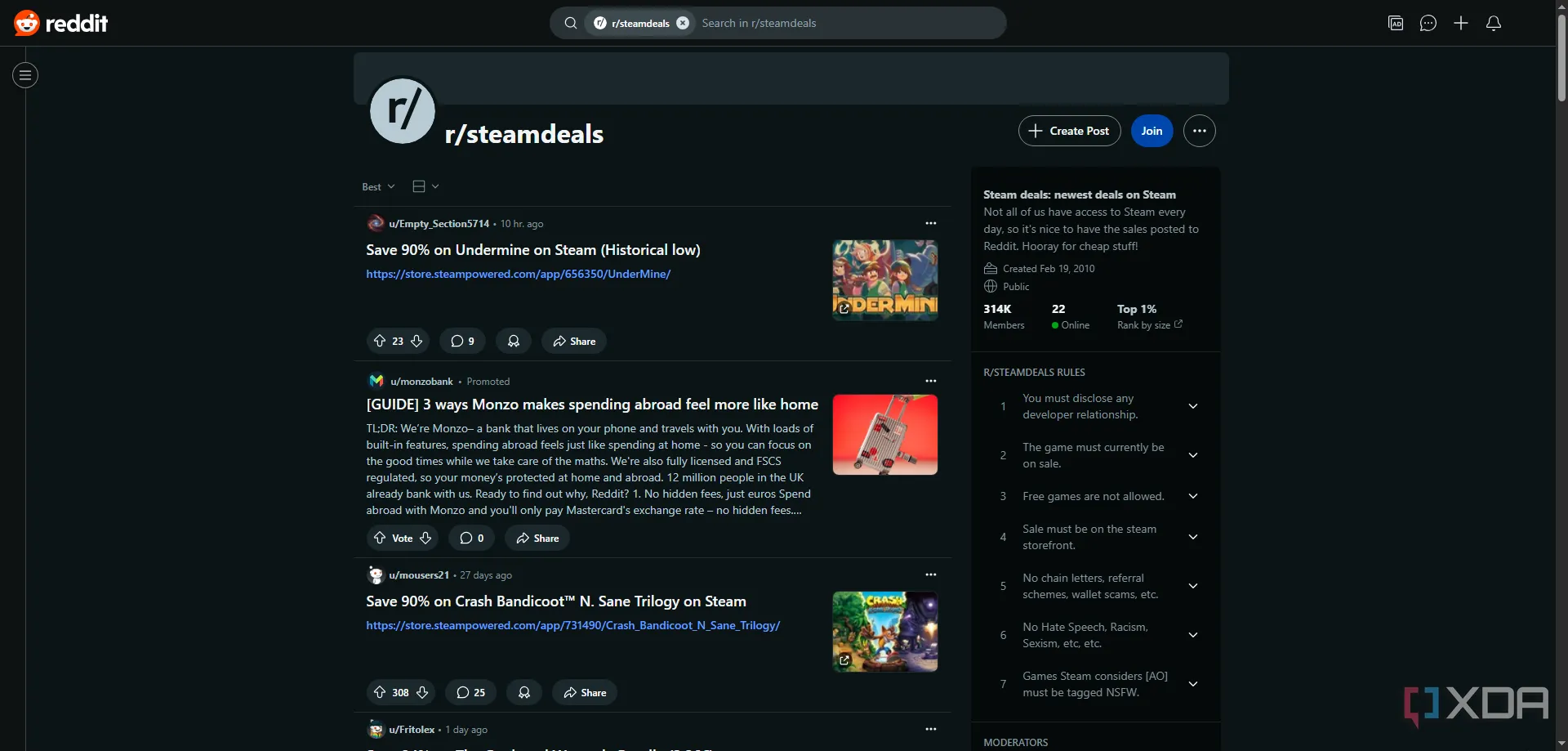 Subreddit Steam Deals trên Reddit hiển thị các bài đăng về khuyến mãi game Steam