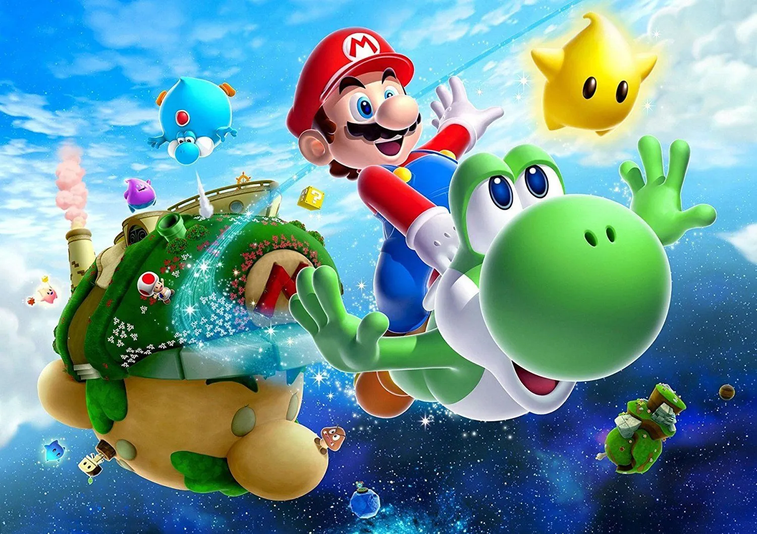 Super Mario cưỡi Yoshi trong Super Mario Galaxy 2, thể hiện tinh thần phiêu lưu, niềm vui và sự sáng tạo không ngừng của thương hiệu Mario.