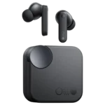 Tai nghe CMF Buds Nothing màu đen nằm trong hộp sạc hình tròn màu xám, thiết kế tối giản, hiện đại.
