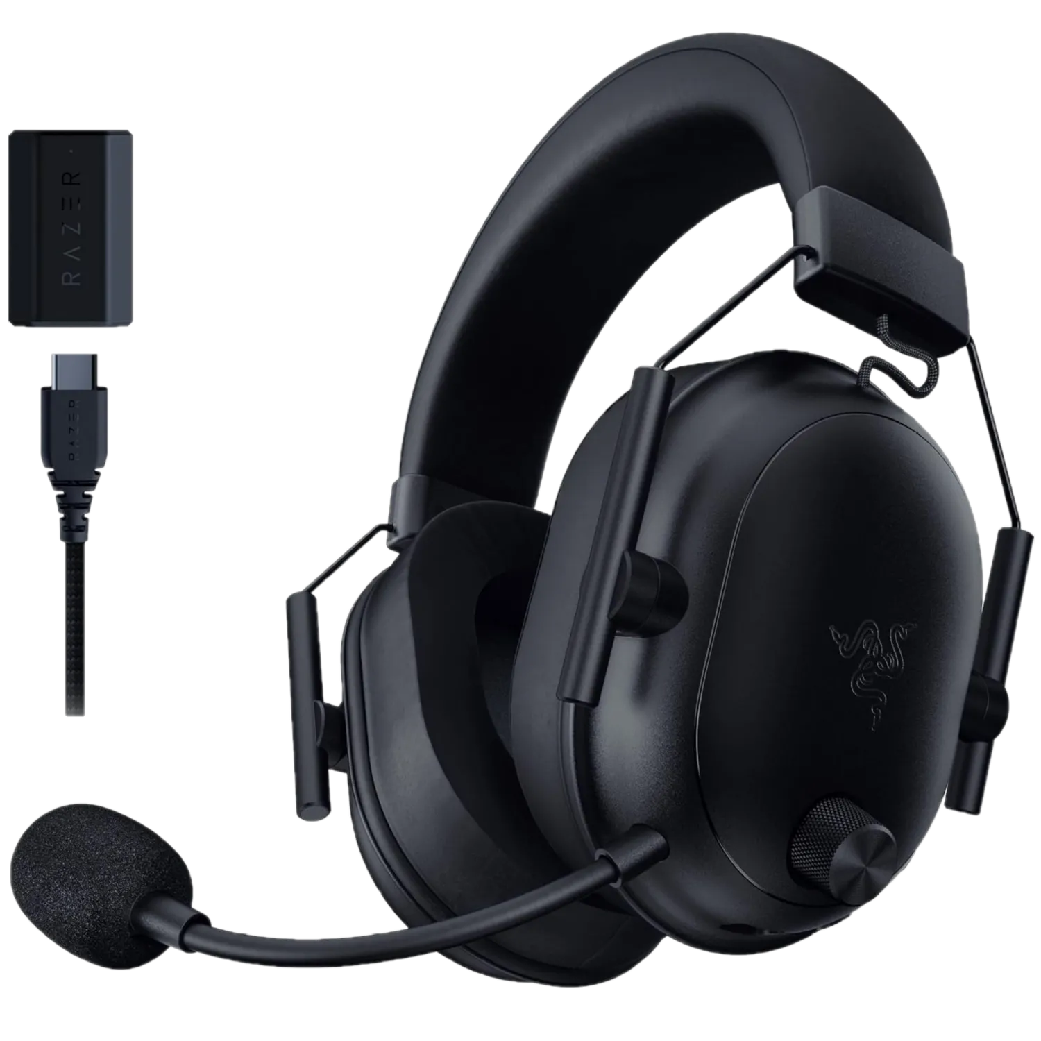 Tai nghe gaming không dây Razer BlackShark V2 HyperSpeed màu đen cùng với USB dongle, cho kết nối ổn định.