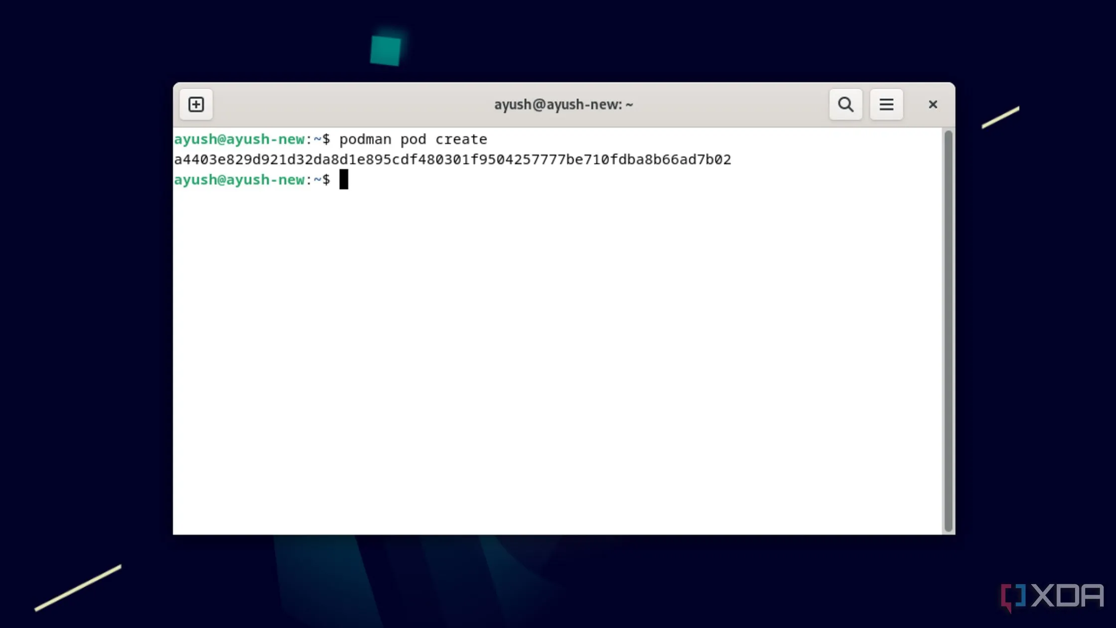 Tạo một pod mới bằng lệnh Podman, cho thấy khả năng quản lý nhóm container theo kiểu Kubernetes