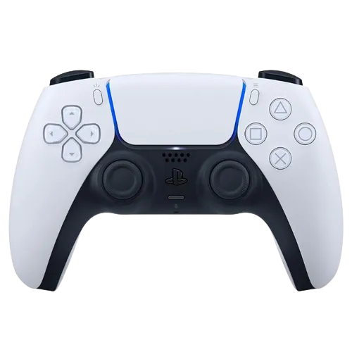 Tay cầm Sony DualSense màu trắng dành cho PlayStation 5, nổi bật với tính năng rung phản hồi xúc giác và cò điều khiển thích ứng