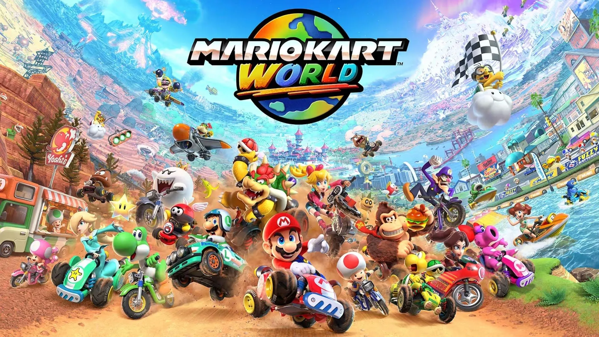 Tay đua Mario trượt trên đường ray trong Mario Kart World.