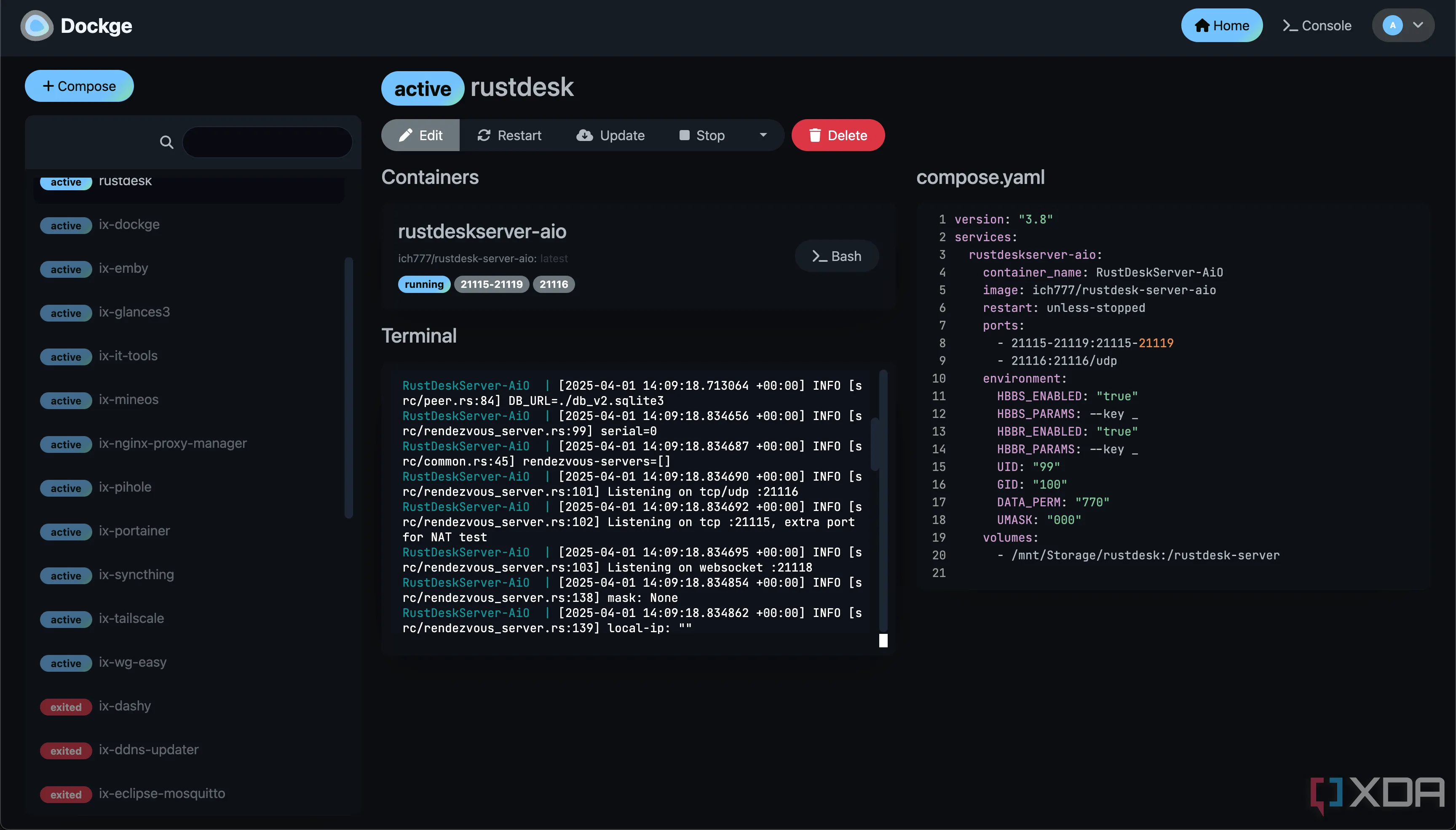 Tên Dockge RustDesk đã triển khai trên máy chủ tự host