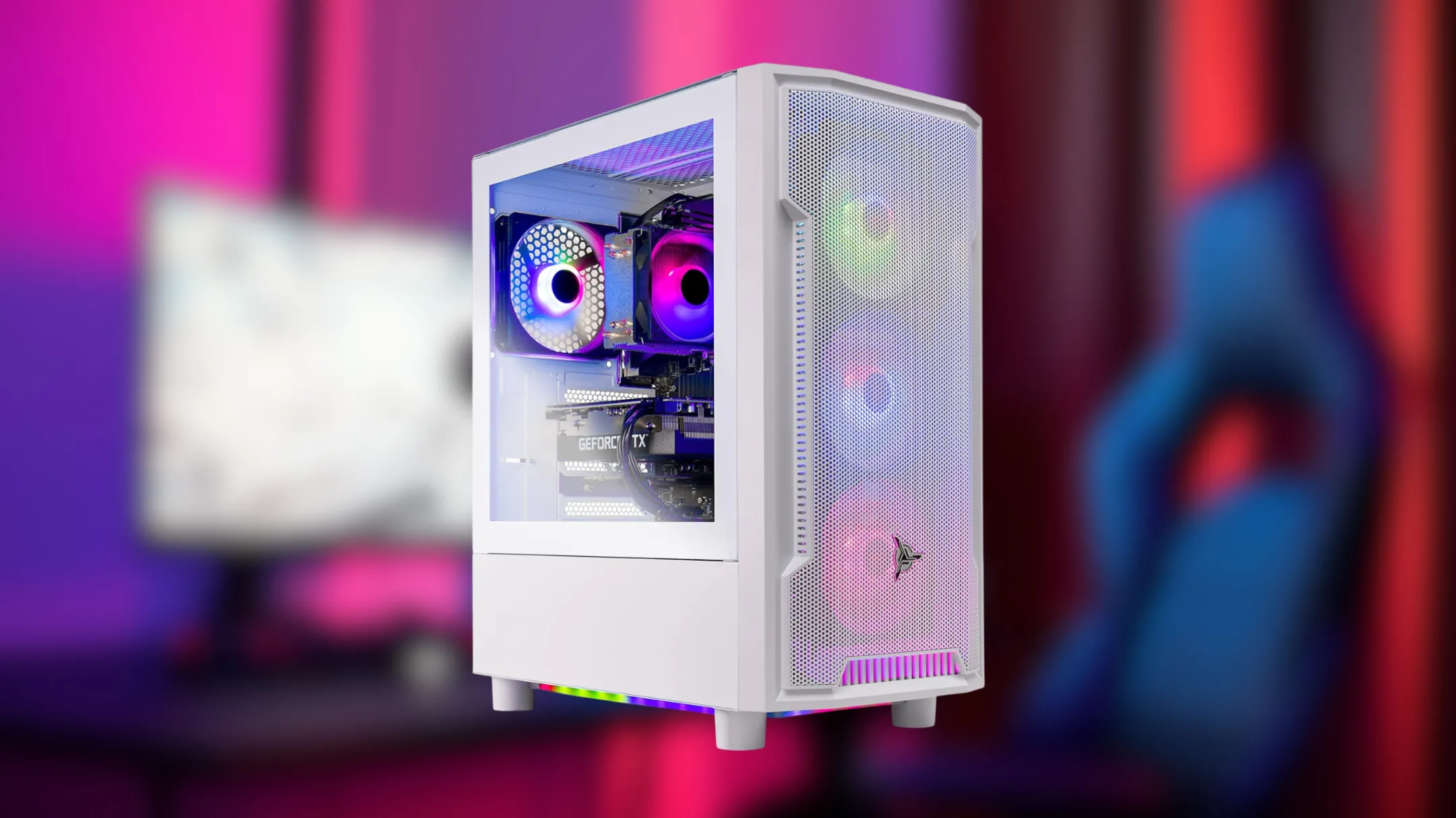 Thân máy tính Skytech Archangel PC Gaming hiển thị đèn RGB và linh kiện bên trong