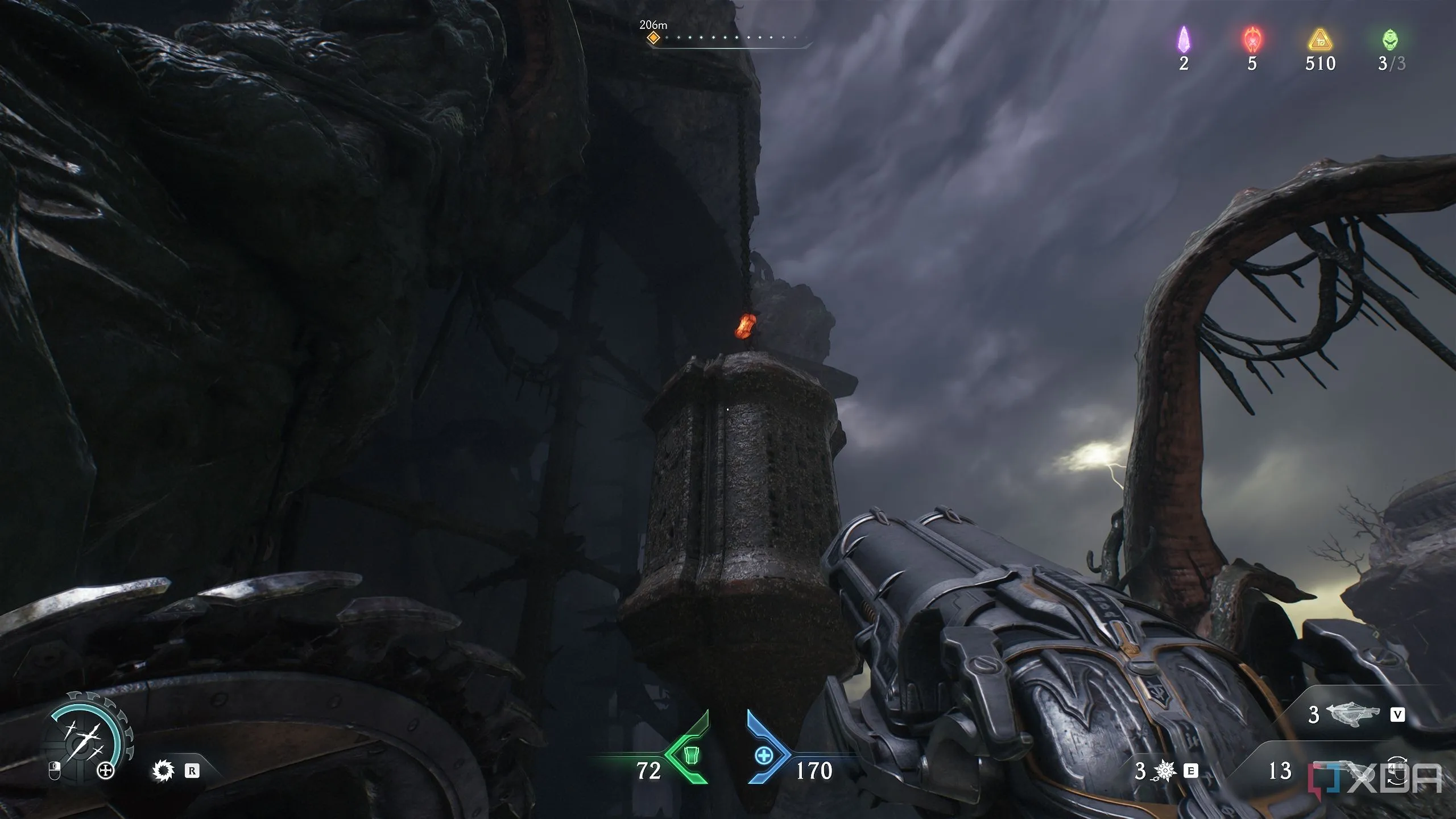 Thanh chắn kim loại nóng treo trên không trong Chương 14 Doom The Dark Ages.