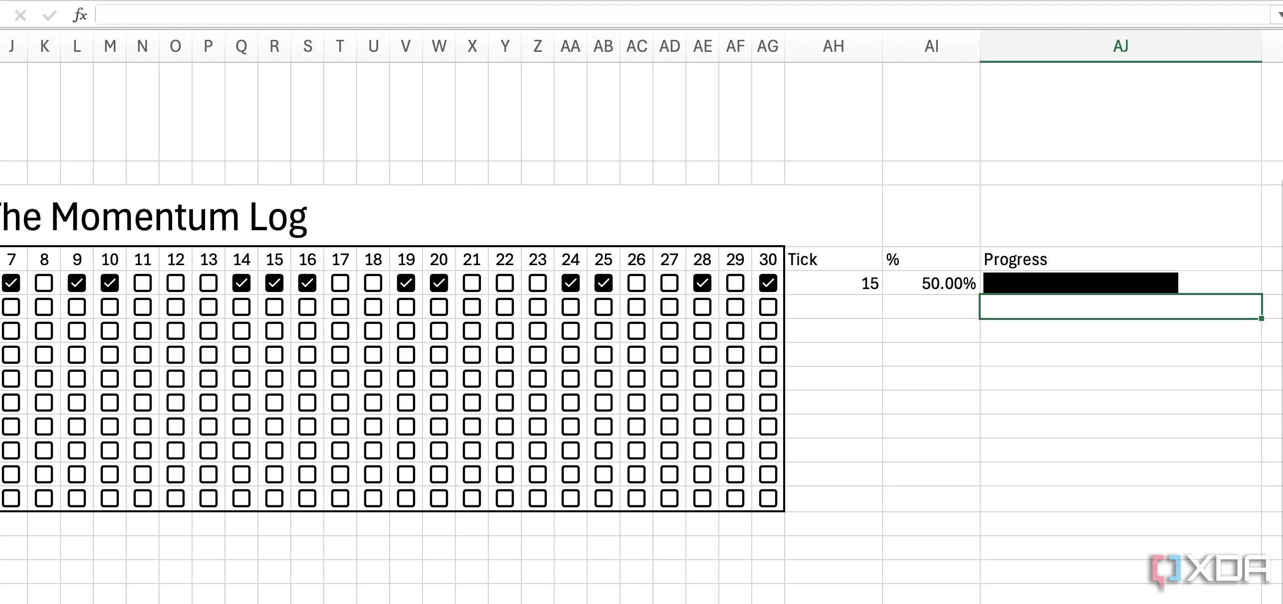 Thanh tiến độ theo dõi thói quen được thiết kế trực quan trong Excel
