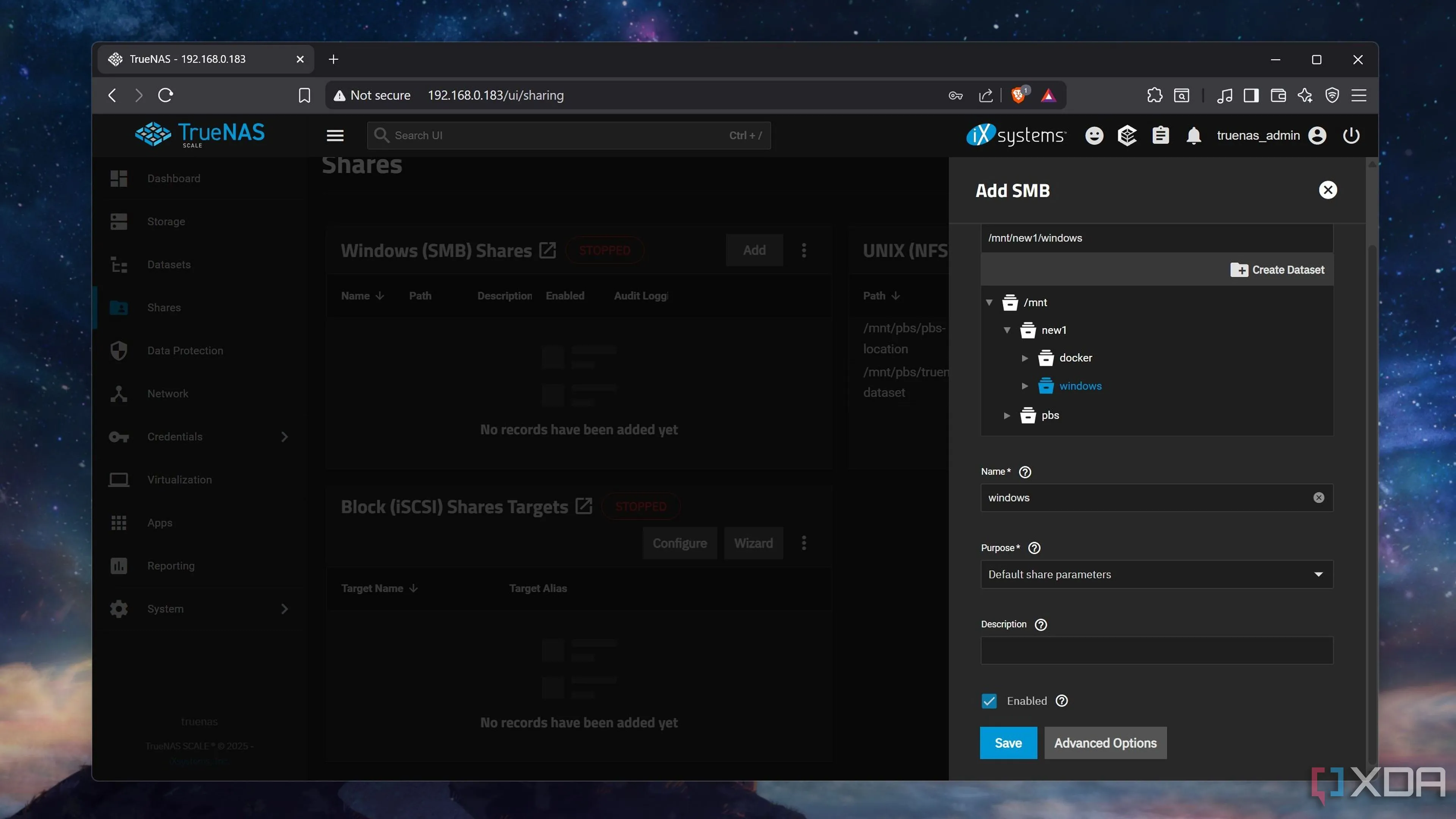 Thêm chia sẻ SMB (Windows Share) mới trong TrueNAS Scale, cho phép lựa chọn dataset và đặt tên cho thư mục chia sẻ