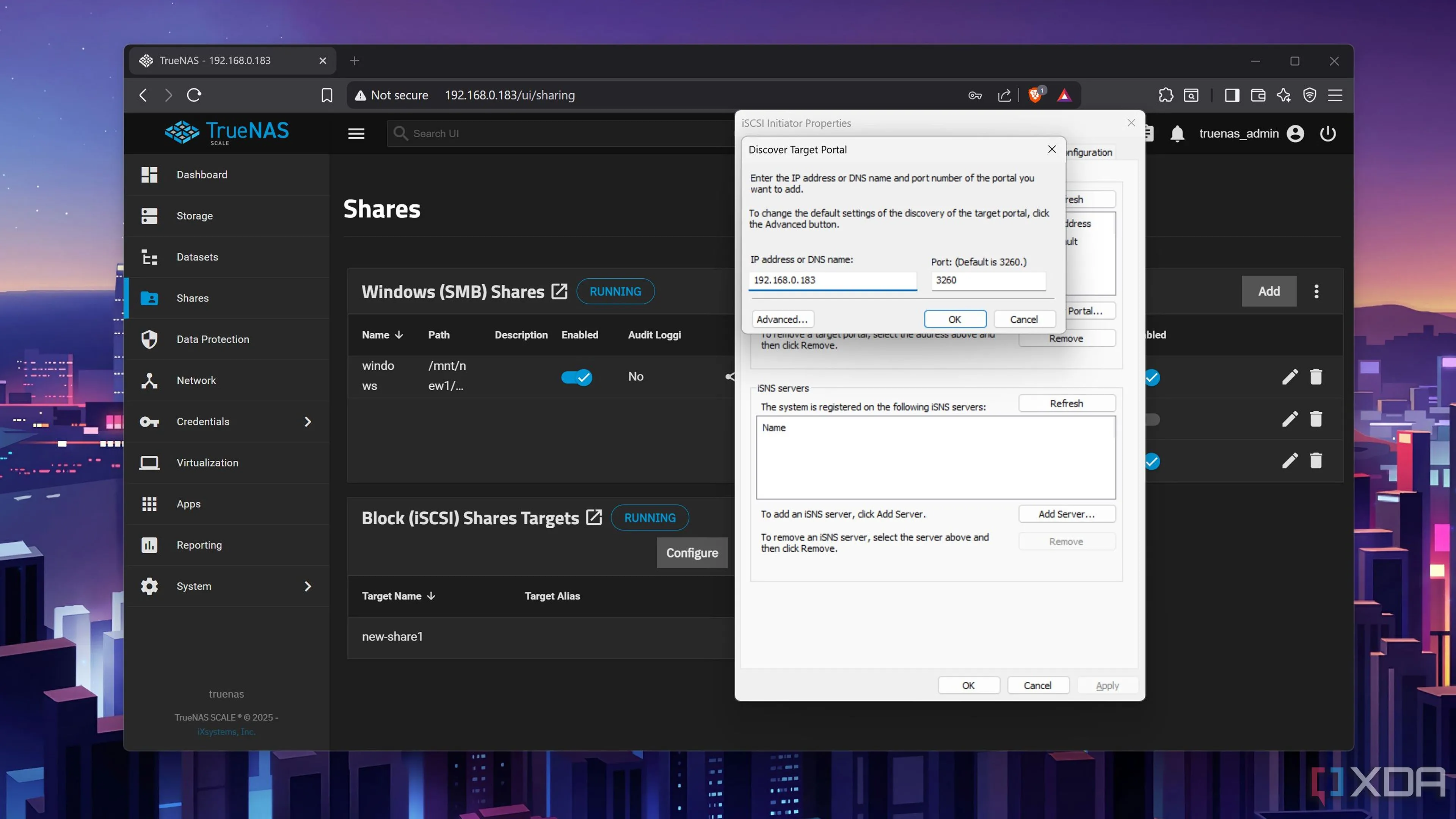 Thêm iSCSI target vào Windows 11 bằng công cụ iSCSI Initiator, nhập địa chỉ IP của TrueNAS Scale để khám phá các cổng